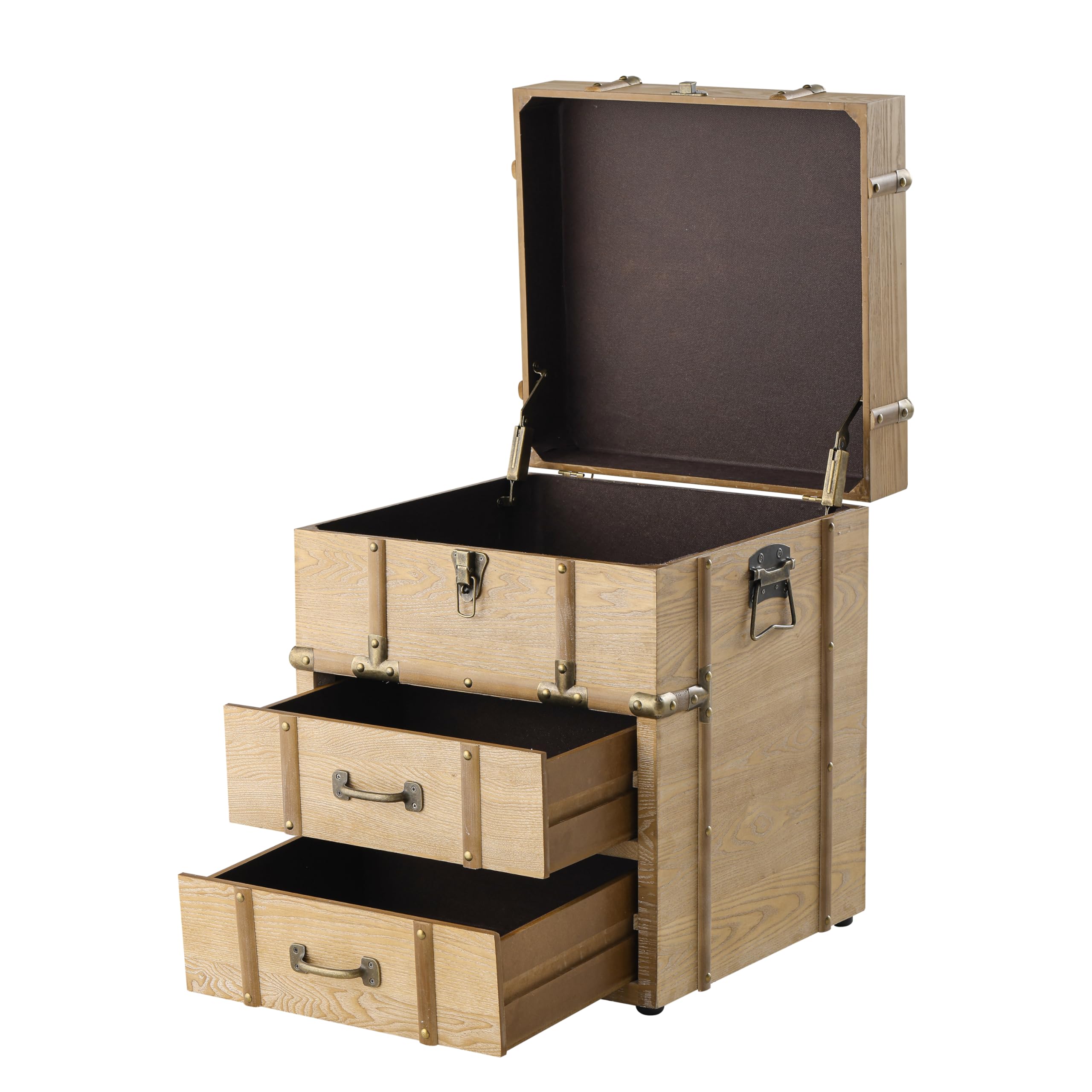 Aoikax Vintage Storage Chest with Buckle Hinged Top, Wood Accent End Side Table for Living Room, Office, Bedroom, Rectangle, Retro Brown