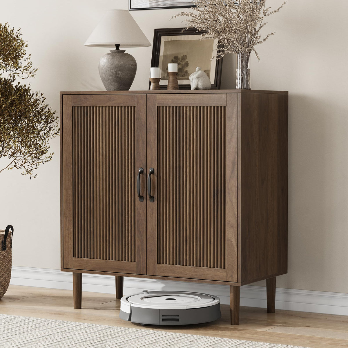Algherohein Sideboard Cabinet with Adjustable Shelf, Freestanding Small Buffet with Storage, Wooden Console Cabinet with Gradien Fluted Doors for Living Room, Entryway, Console 31.5 in (Walnut)
