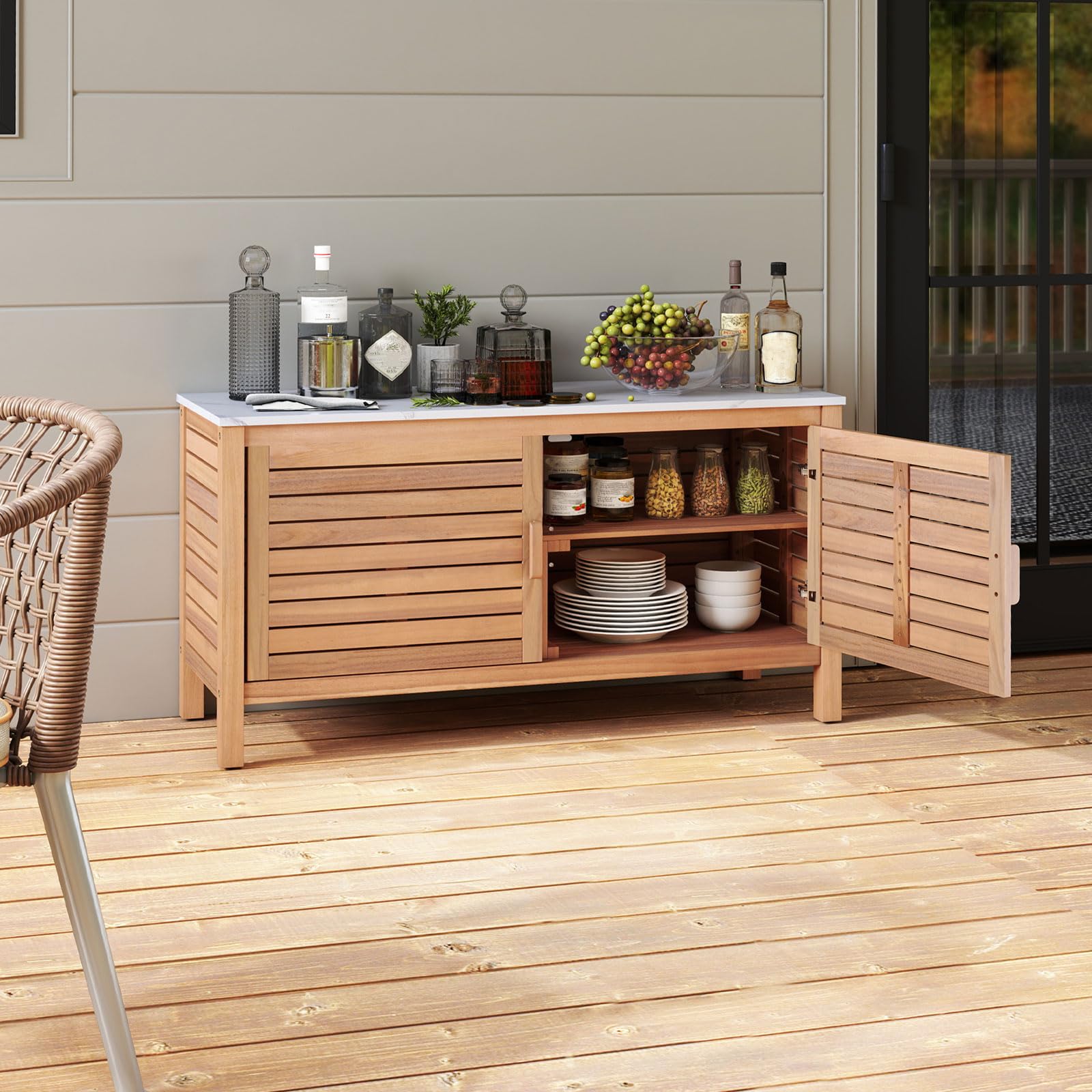 Acacia Wood Outdoor Storage Cabinet with Faux Marble Top