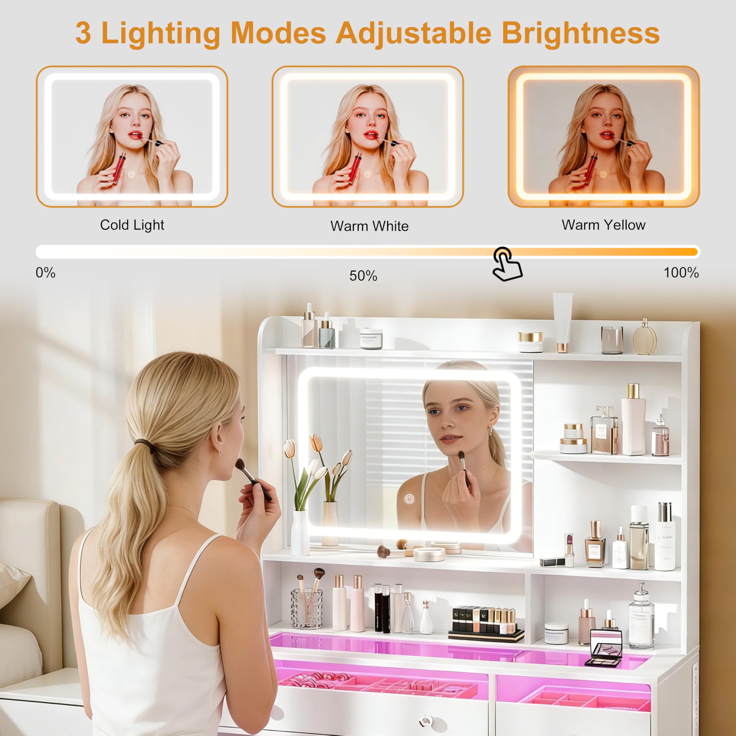 Korfile Vanity Desk, Makeup Vanity Desk with Mirror and Lights 3 Colors, Transparent Top with 2 RGB Drawers, 3 Shelves, 1 Large Tempered Cabinets, Power Outlet for Bedroom, White