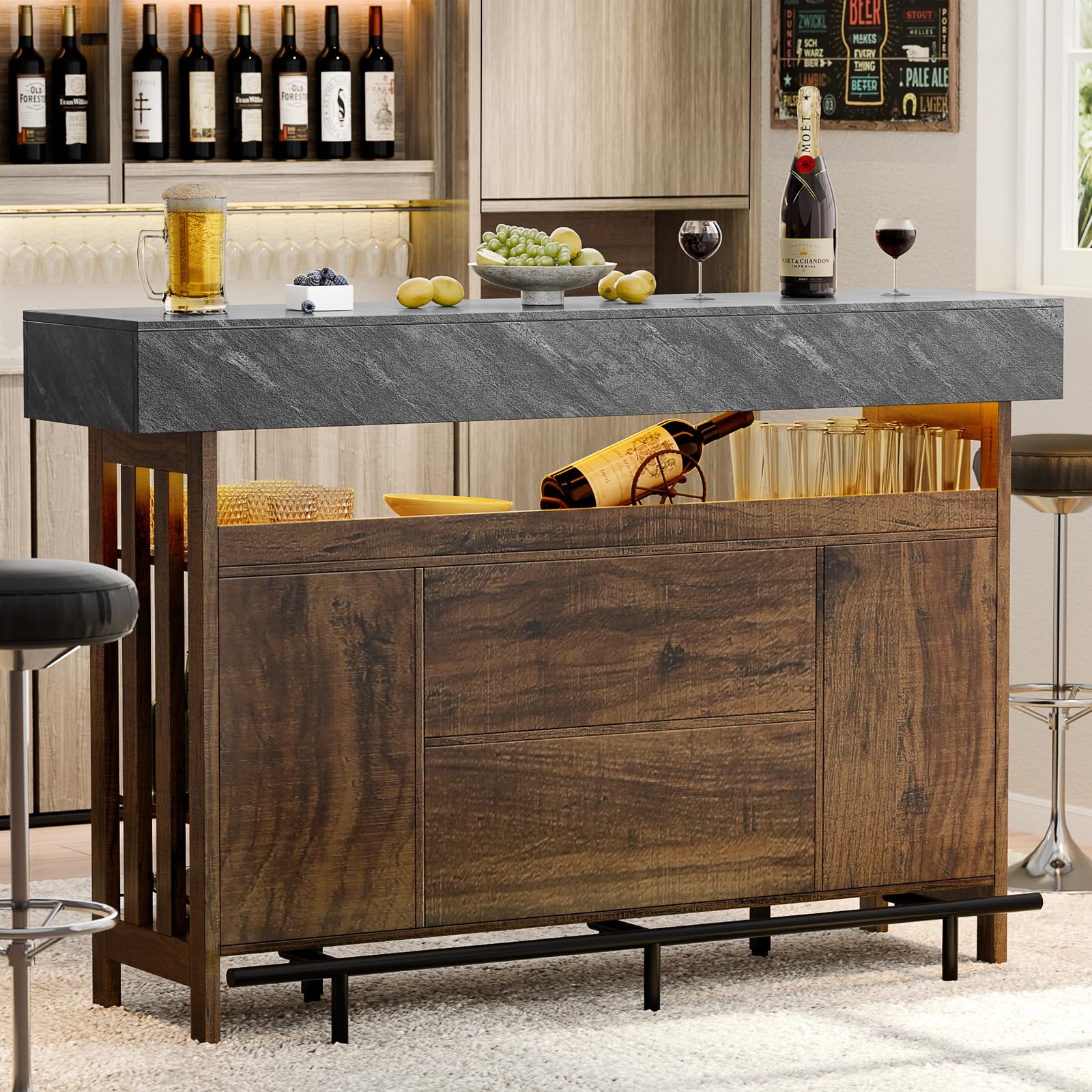 Bar Table Cabinet with LED Lights & Wine Storage