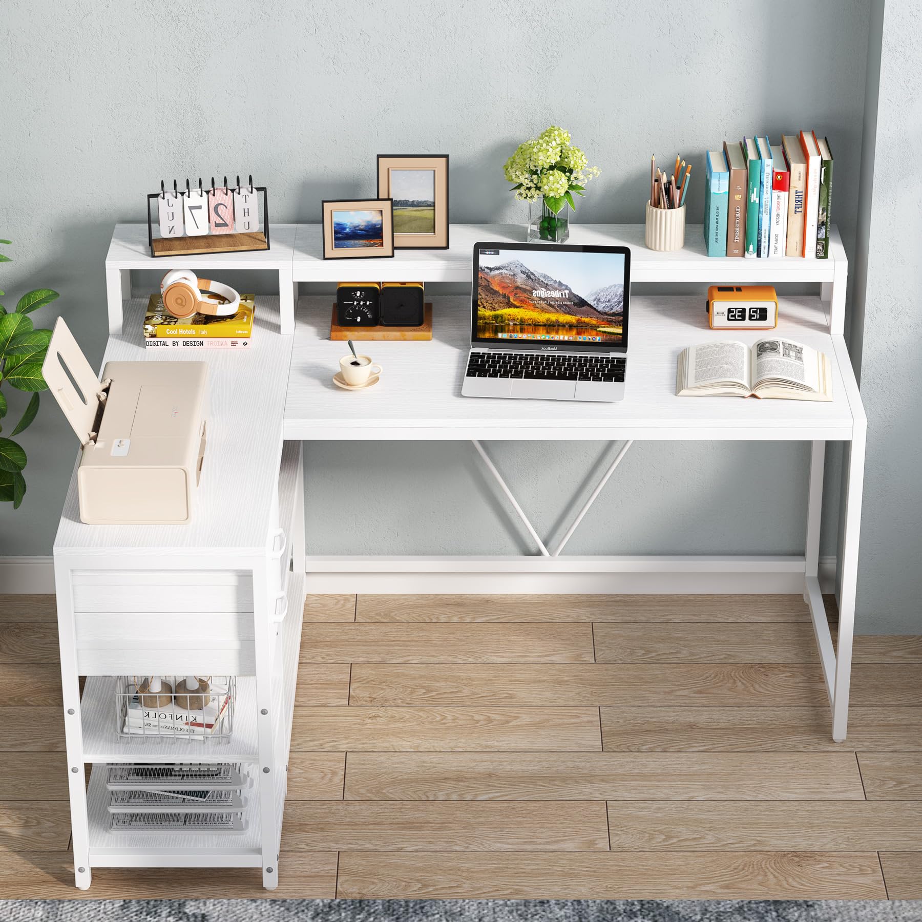 Tribesigns 55-inches Reversible L Shaped Desk with Drawer, Modern White L Corner Desk Home Office Table with Storage Shelves and Monitor Stand, Wooden and Metal PC Desk for Small Space