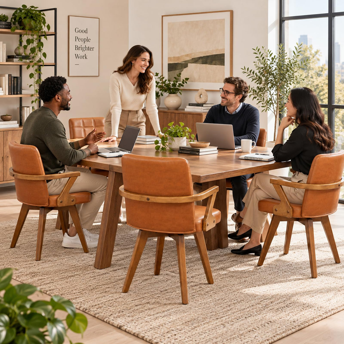 Mid Century Modern Home Office Chair with Walnut Finish, Ergonomic Faux Leather Desk Chair with Silent Rolling Wheels, Curved Back and Arms (Beige - Wooden Legs, Set of 1)