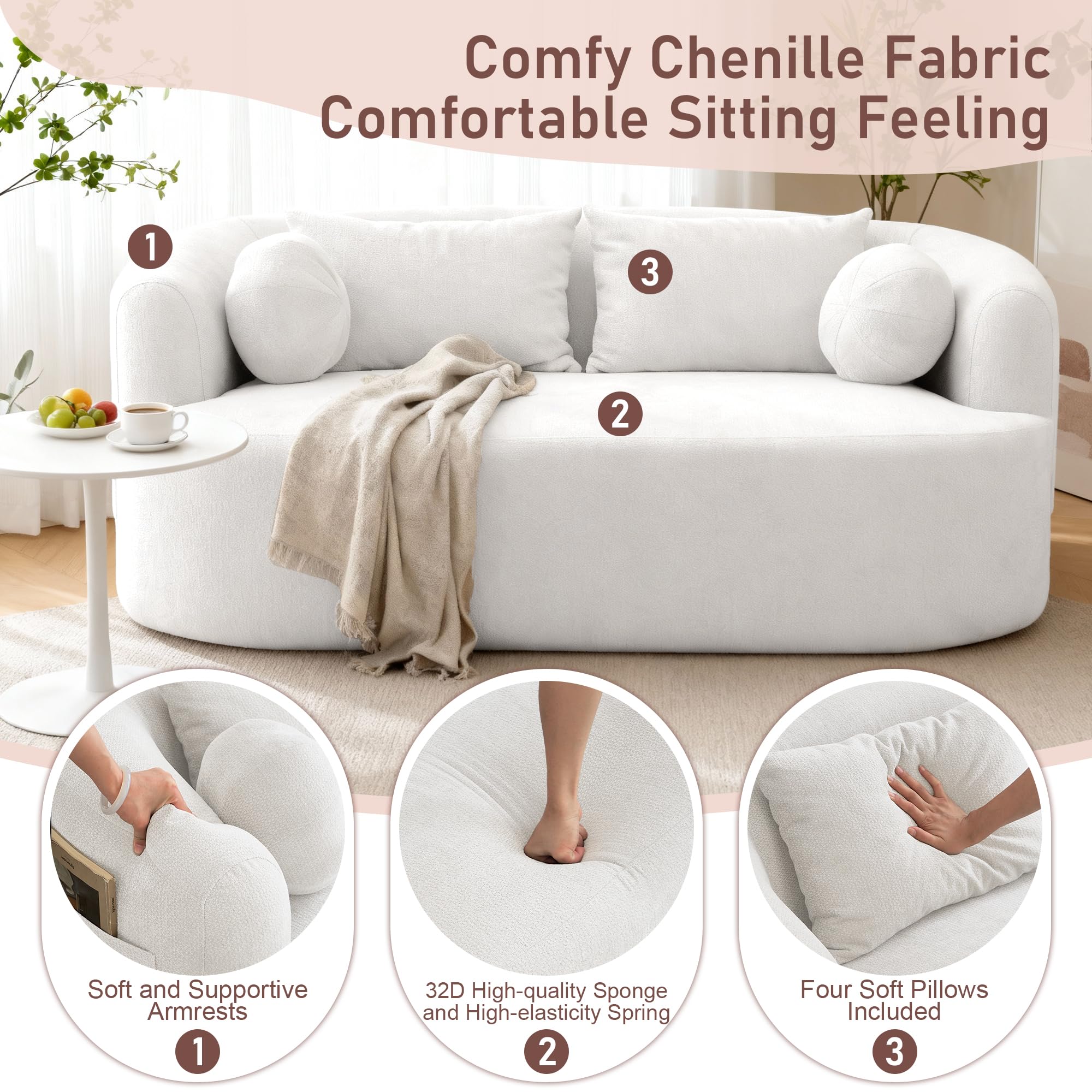 FASADI Loveseat Sofa for Small Space, 67.3" Boneless Love Seat Sofa with Side Pocket & 4 Pillows, Foam and Spring Filling, Soft Chenille for Living Room, Apartment, Bedroom, No Assembly