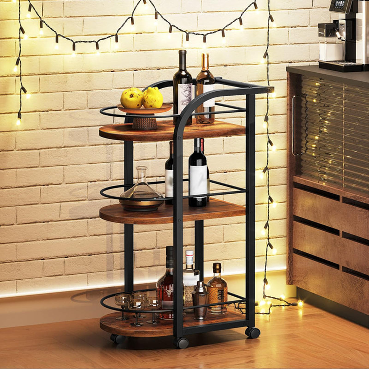 YATINEY 3-Tier Bar Cart, Home Bar Serving Cart with Fence and Wheels, for Dining Room, Living Room, Garden, Party, Rustic Brown and Black BC06BR
