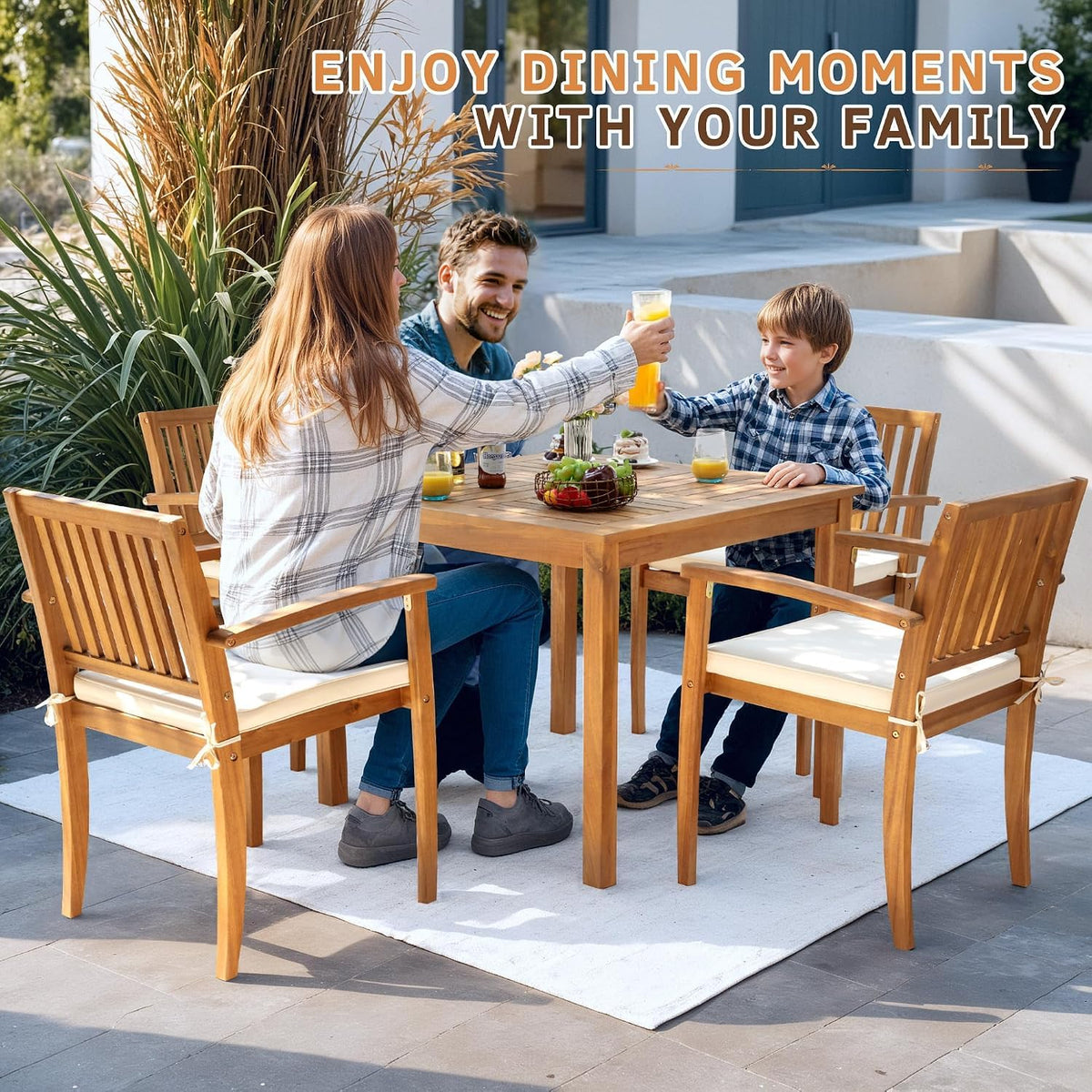 Greesum 5 Pieces Acacia Wood Patio Dining Set, Outdoor Table & Chairs