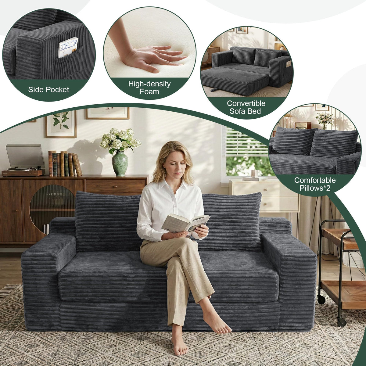 IZLKQC 73" Convertible Sofa Bed, Corduroy Boneless Loveseat Sleeper, Gray