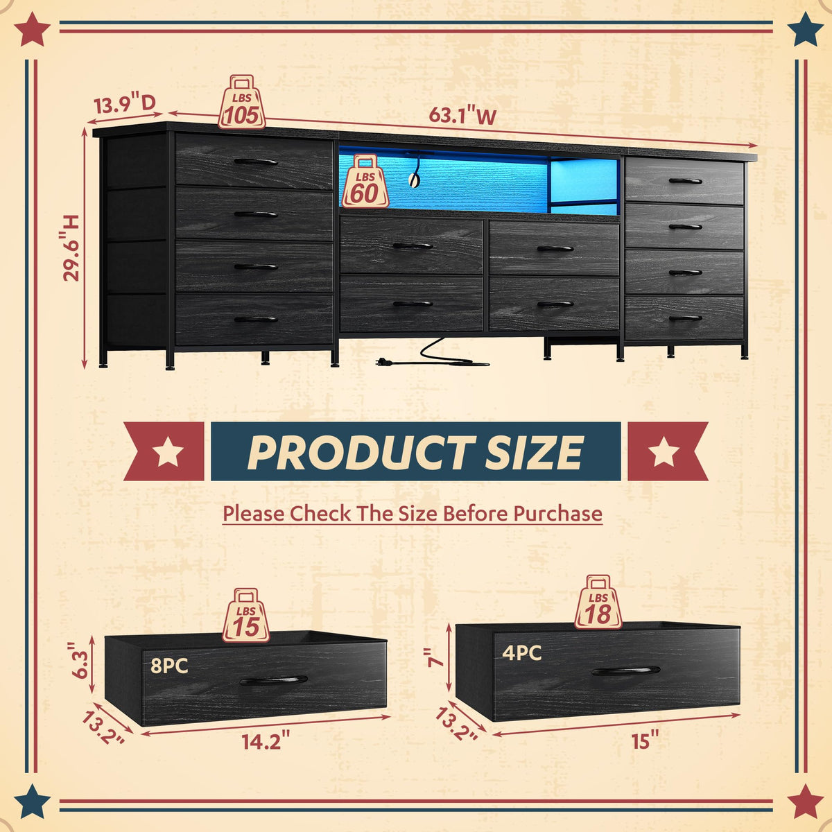 Romorgniz 63" W Dresser for Bedroom with 12 Drawers,LED,Power Outlets