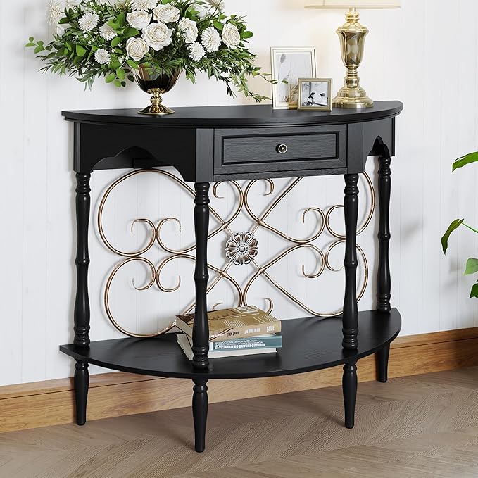 Half Moon Console Table with Drawer & Shelf