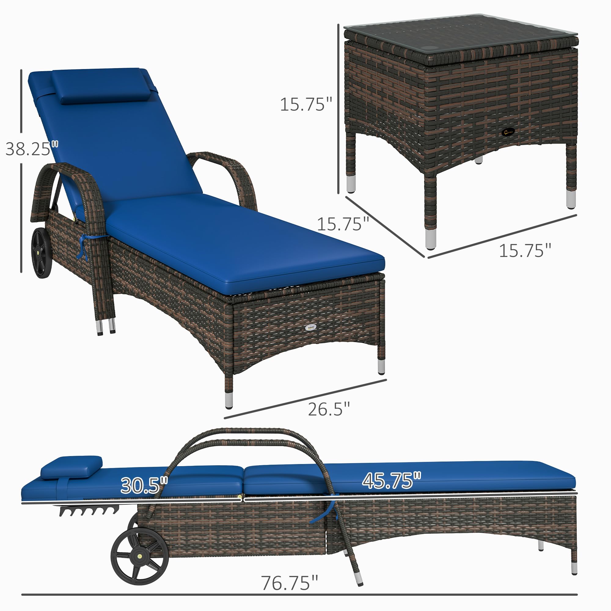 PE Rattan Chaise Lounge Chair Set of 3 with Side Table