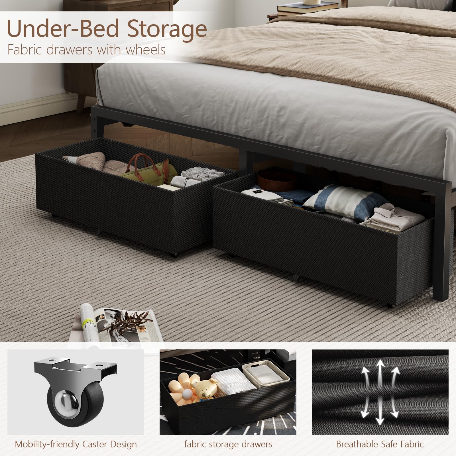 Full Size Bed Frame with LED Lighting & Storage Drawers