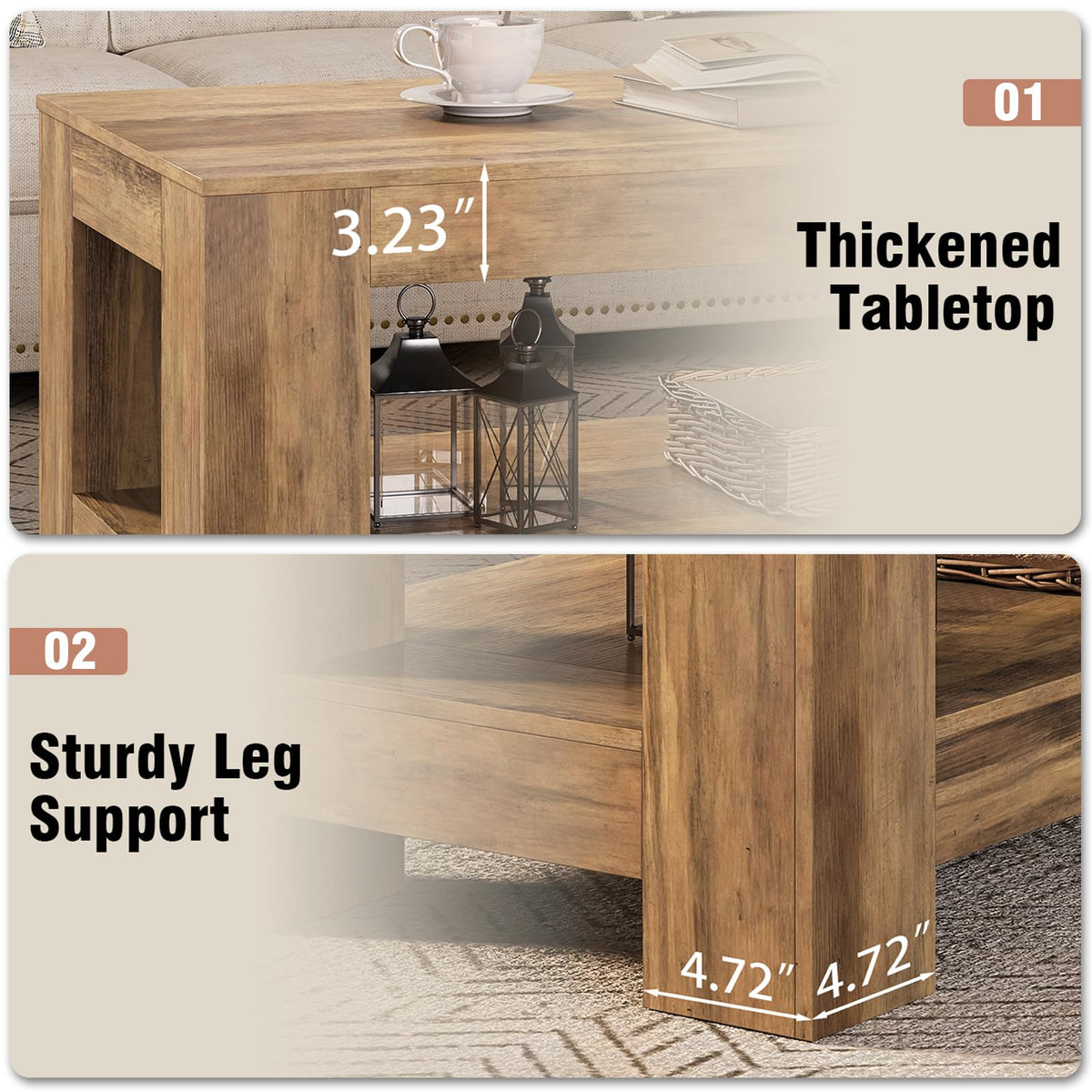 Tohomeor Wood Coffee Table for Living Room, 47.24 Inch Farmhouse Coffee Table with Storage, 2-Tier Accent Center Table with for Home Office Apartment, Retro Brown