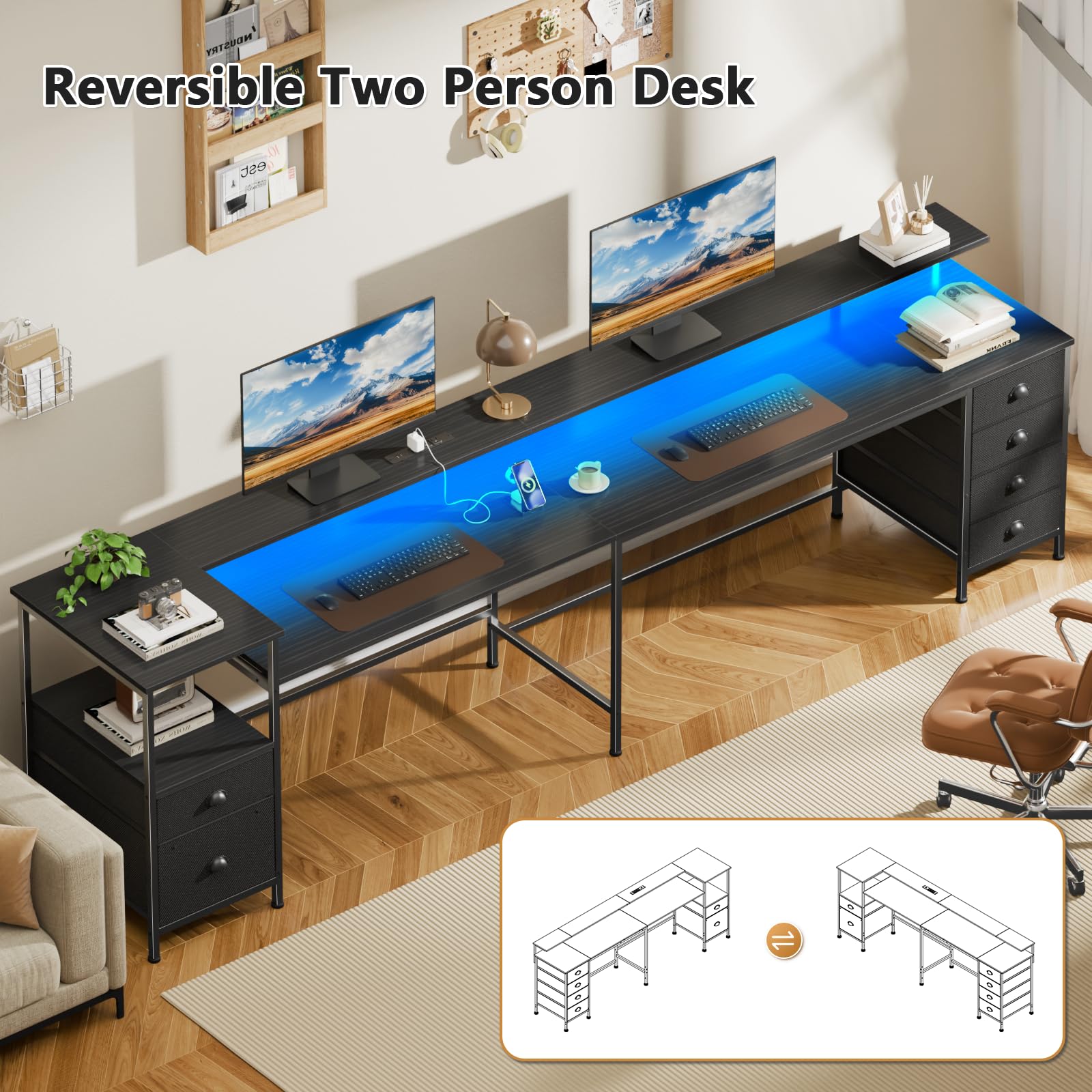 95" Two-Person Gaming & Office Desk with LED Lights, Power Outlets & Storage