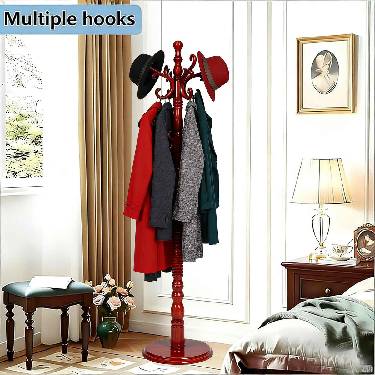 Wooden Coat Rack with 18 Hooks