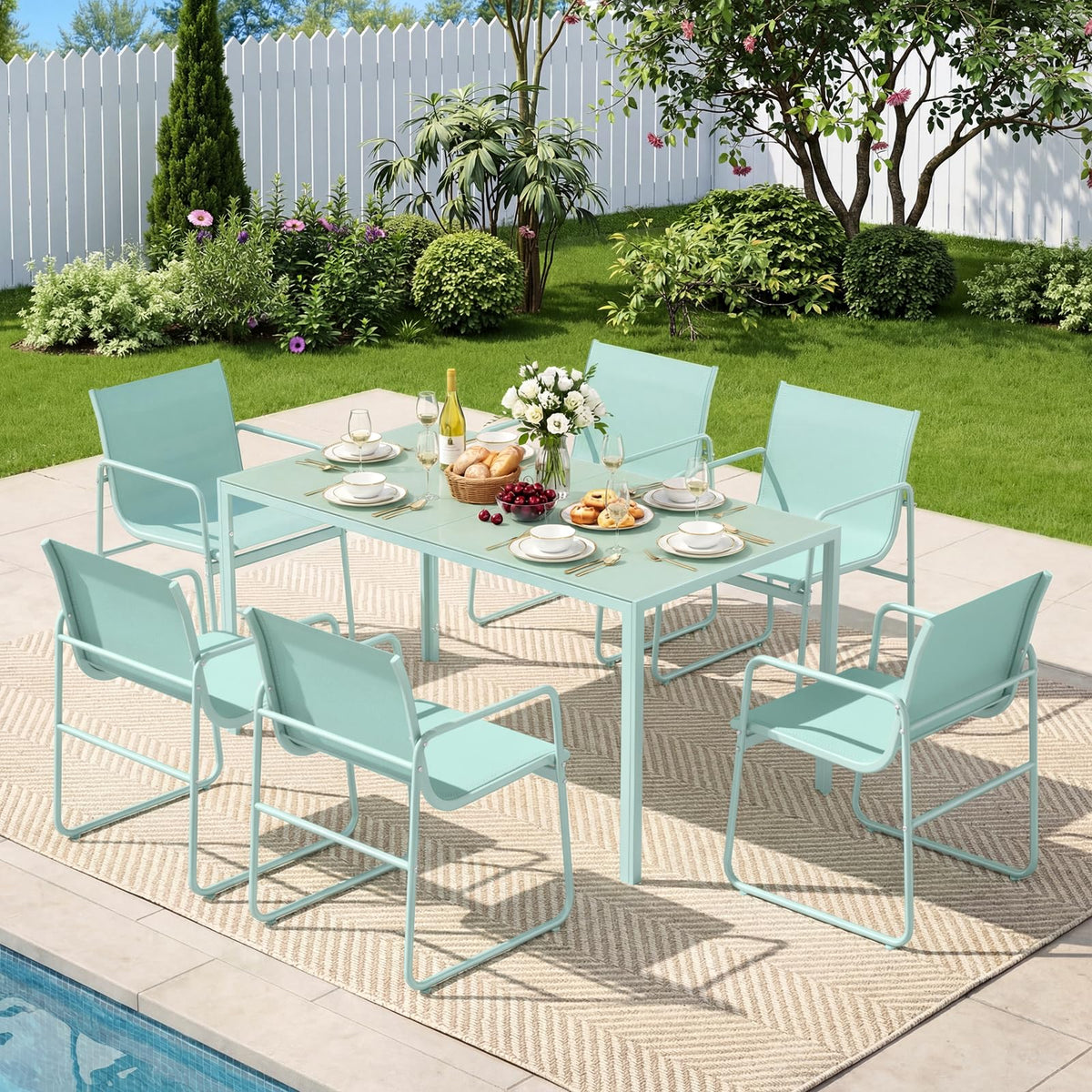 ONBRILL 7 Piece Patio Dining Set for 6 with Textilene Chairs, Aqua