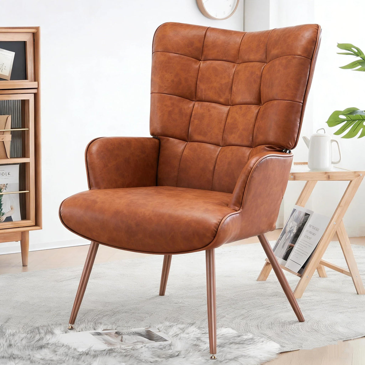 Bafode Mid-Century Modern PU Leather Accent Chair with High Back