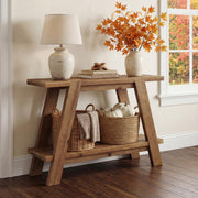 TRIBEWOOD 43.3" Solid Wood Entryway Table, 2-Tier Farmhouse Console Table with Storage, Narrow Sofa Table Behind Couch for Living Room, Hallway, Foyer, Brown