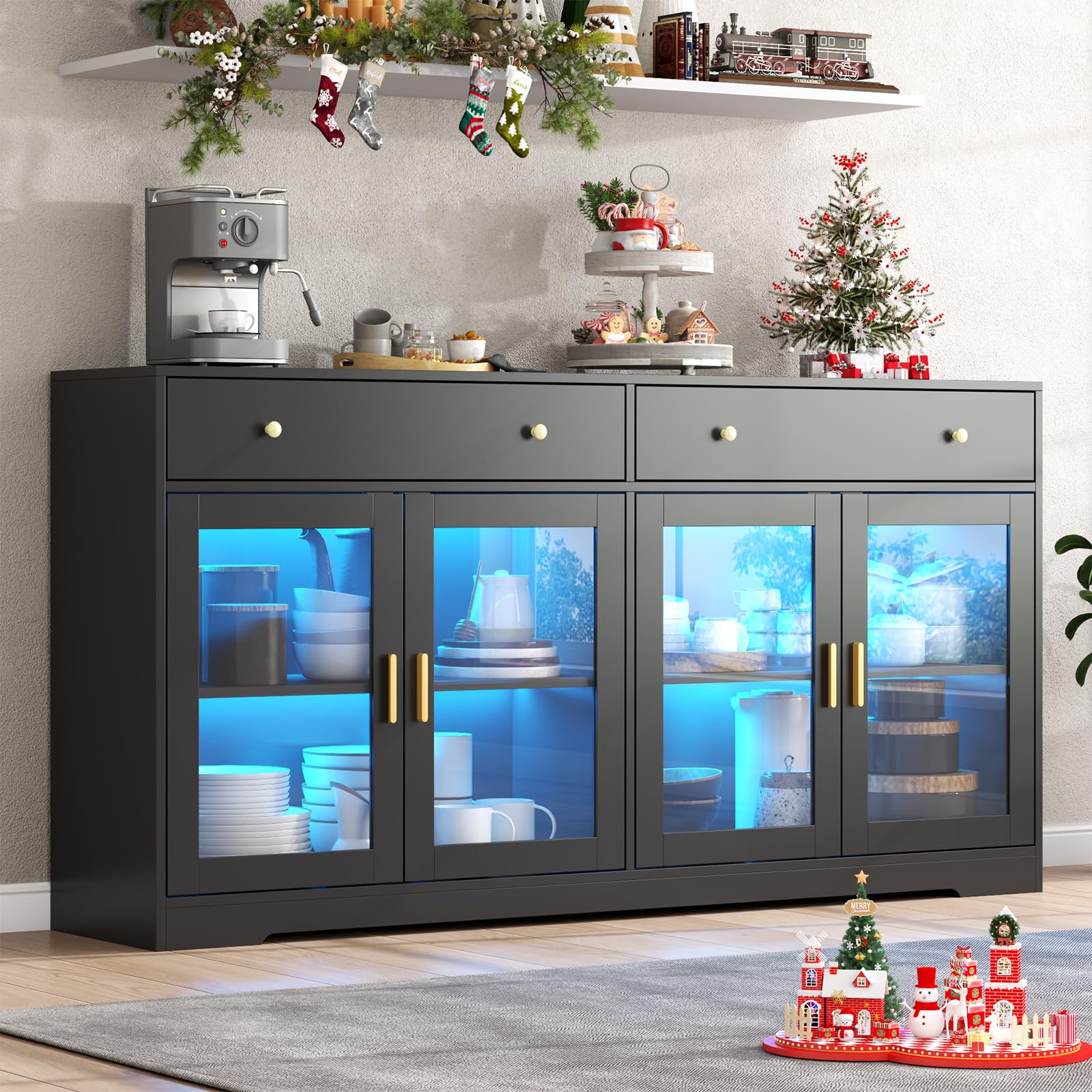 Sideboard Buffet Cabinet with LED Lights – Black