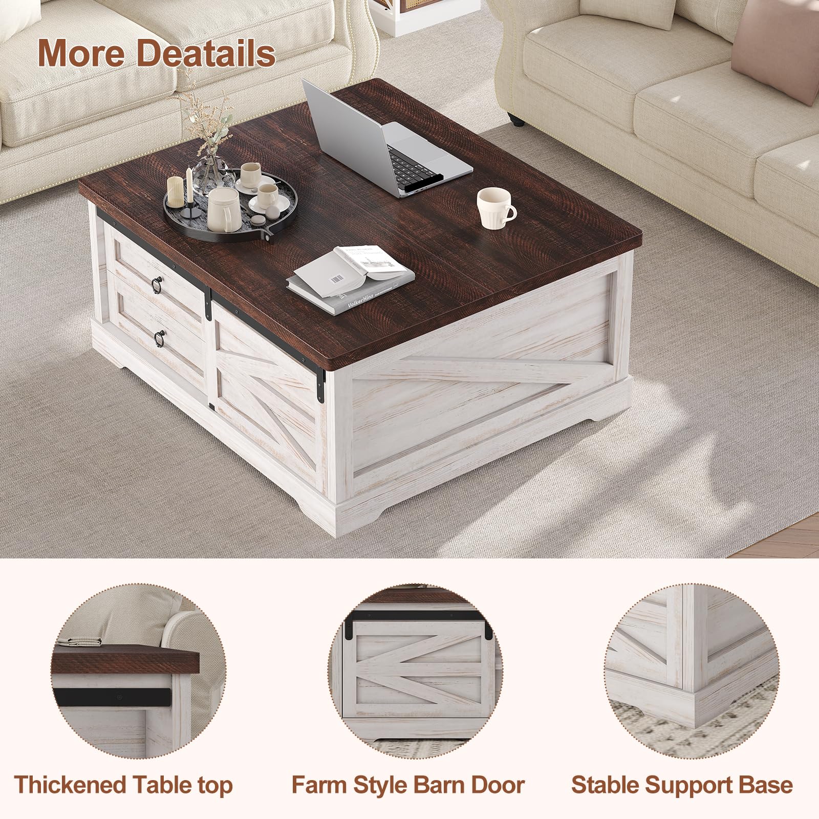 Itaar 39.4'' Lift Top Coffee Table with Storage, Farmhouse Coffee Tables for Living Room, Square Coffee Table with Large Hidden Compartment & 2 Drawers & Adjustable Shelves, Vintage White+Walnut