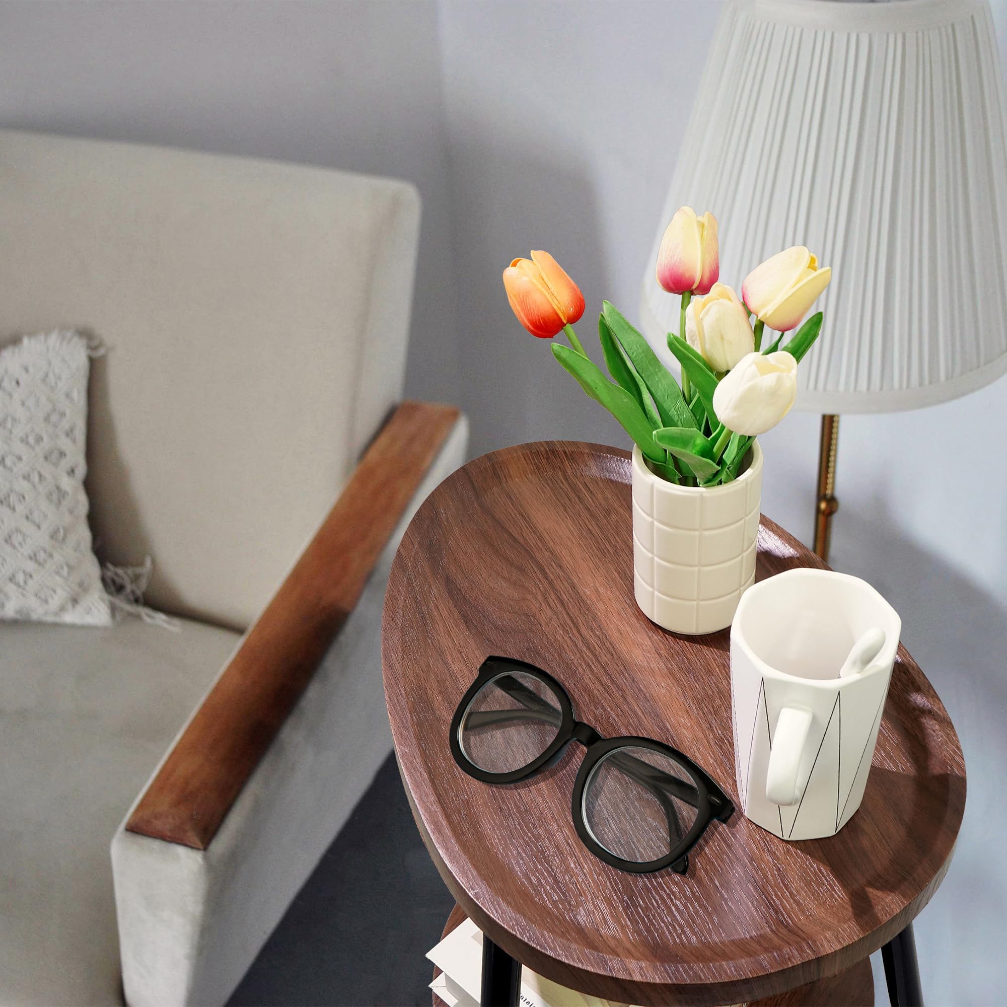 GUPZTY Side Table Small End Table, Oval Round Wood Sofa Table, 2 Tier Accent Table Nightstand Bedside Table with Metal Frame for Living Room, Bedroom, Small Spaces (Rustic Brown)