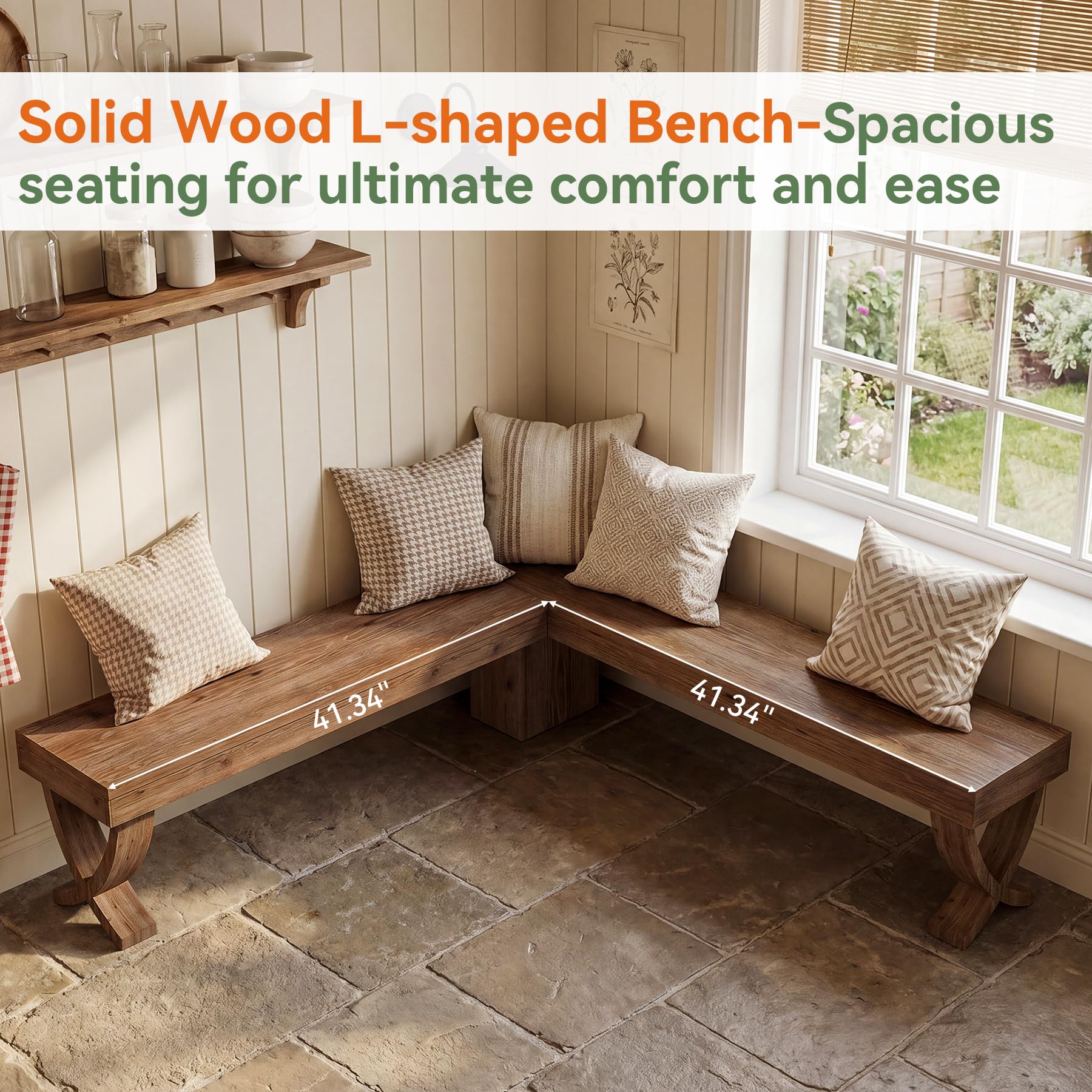 TRIBEWOOD L Shaped Solid Wood Corner Bench, 55-Inch Farmhouse Table Bench with X-Shaped Leg, Backless Entryway Shoe Bench, for Dining Room, Hallway, Rustic Brown