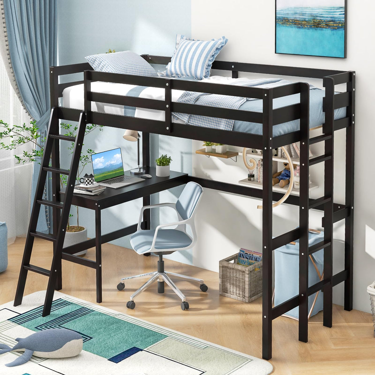 GIANTEX Twin Size Loft Bed with Desk, Solid Wood Loft Bed with 2 Ladders & Full Length Guardrail, Modern Space-Saving Twin Bed Frame for Kids Teens Adults, No Box Spring Needed, Espresso