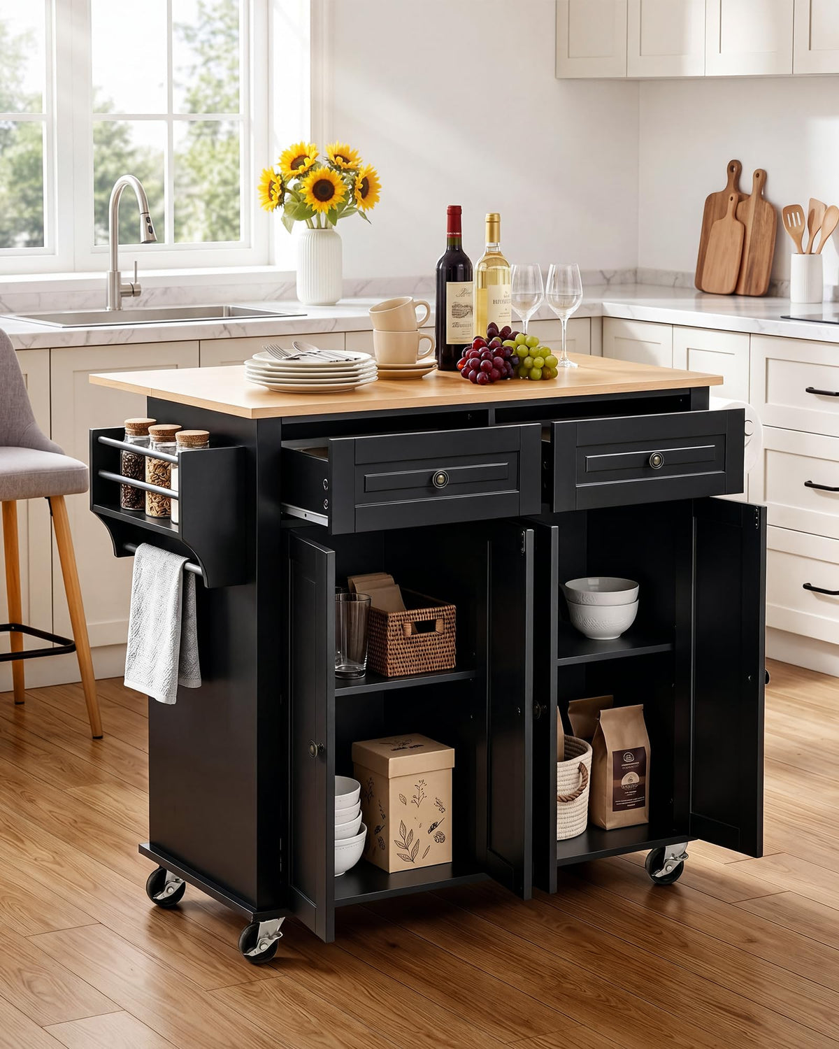 Black Drop Leaf Kitchen Island Cart