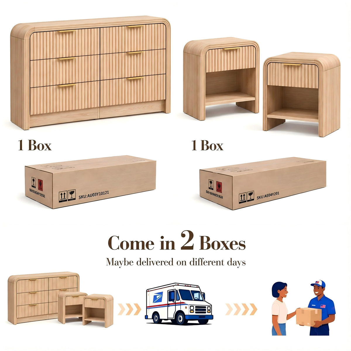Decofy 3-Piece Bedroom Set, 6-Drawer Dresser & 1-Drawer Nightstands Oak