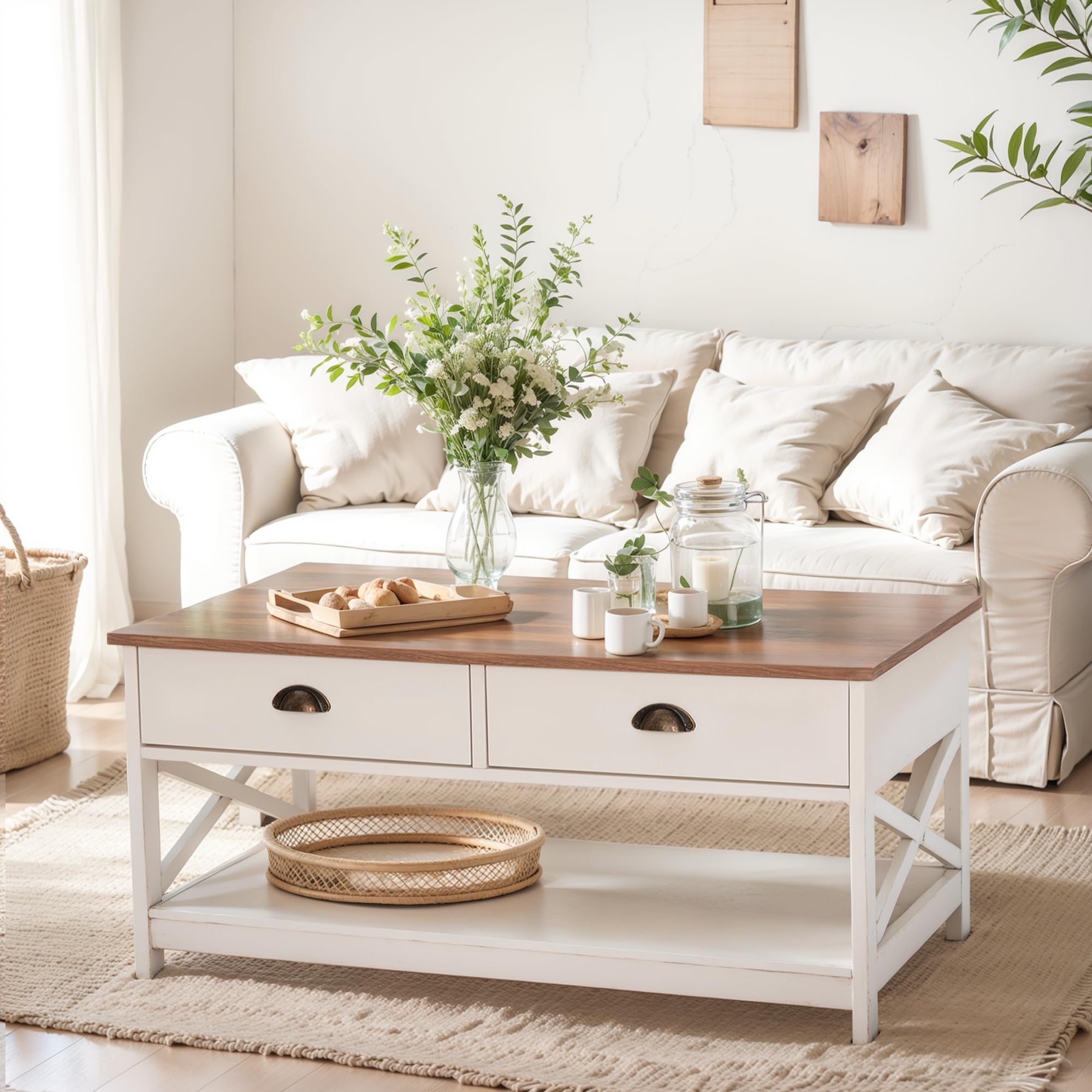 PHI VILLA Coffee Table for Living Room - Farmhouse Modern Coffee Tables with Storage, Ivory White Coffee Table