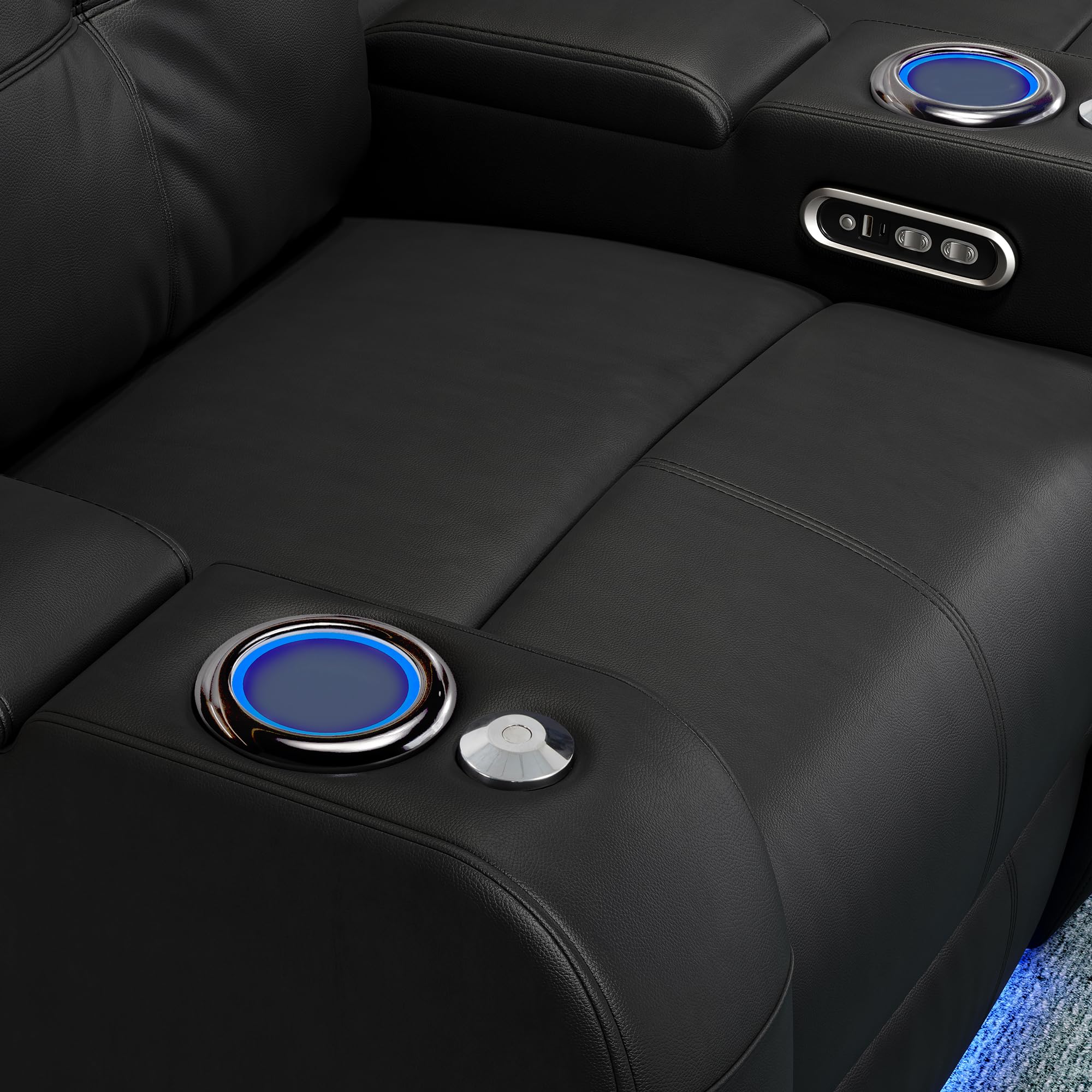 Valencia 2025 Verona Power Headrest Home Theater Seating – Top Grain Nappa Leather 9000 – Power Adjustable Headrest, USB-C Fast Charging, LED Cup Holders (Row of 3, Black)