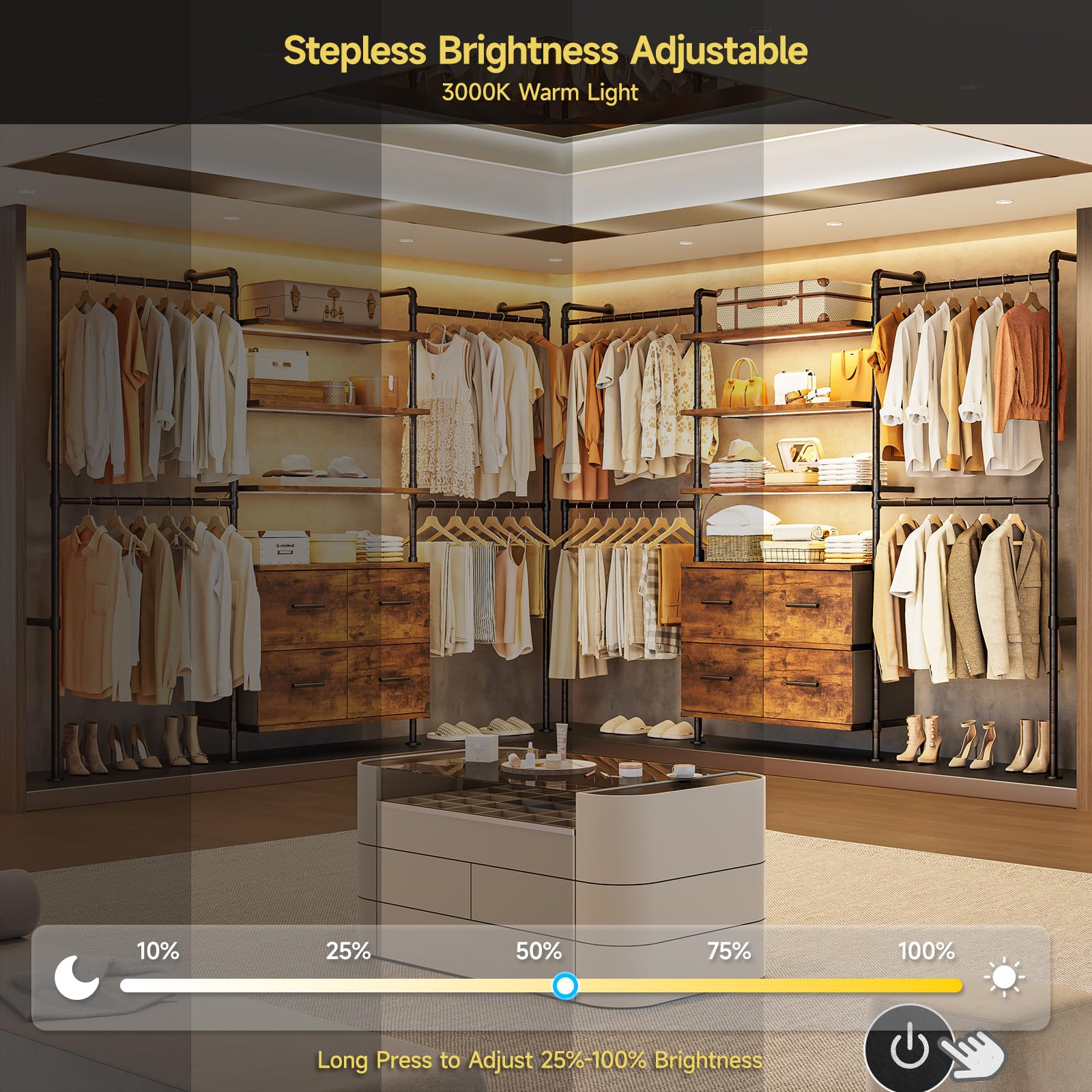 T3 Closet System with Stepless Dimmable LED Light, Industrial Pipe Clothing Rack with 4 Drawers, 6 Wooden Shelves & 4 Telescopic Rods, Heavy Duty Closet Organizers in Wardrobe Closet (Rustic Brown)