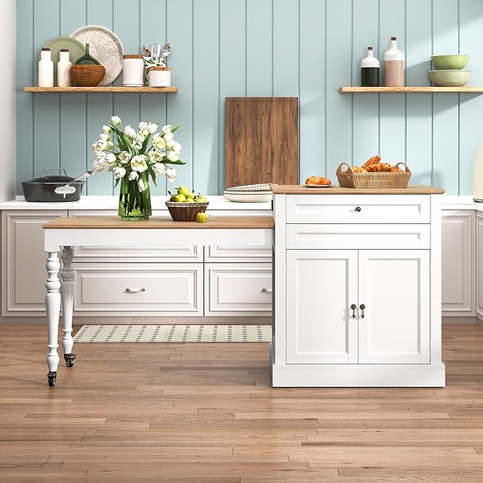 Extendable Kitchen Island with Power Outlet & Storage