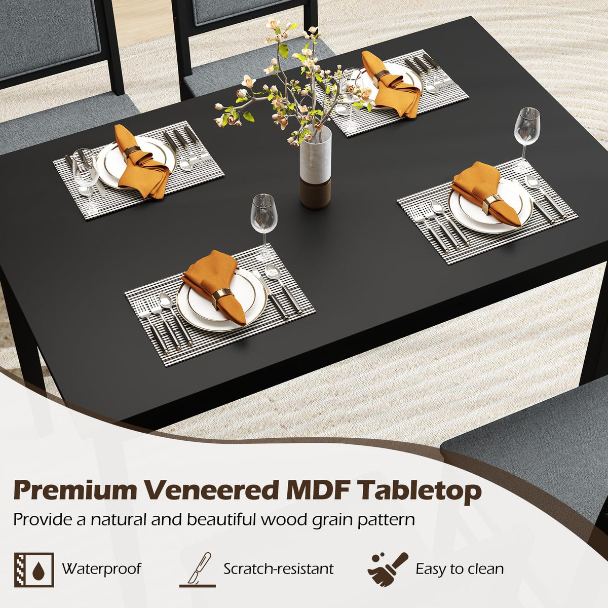 GIANTEX 5-Piece Dining Table Set for 4, Wooden Kitchen Table and Chairs with Solid Rubber Wood Legs, Padded Seat & Backrest, Space Saving Dinette Set for Home Dining Living Room, Breakfast Nook