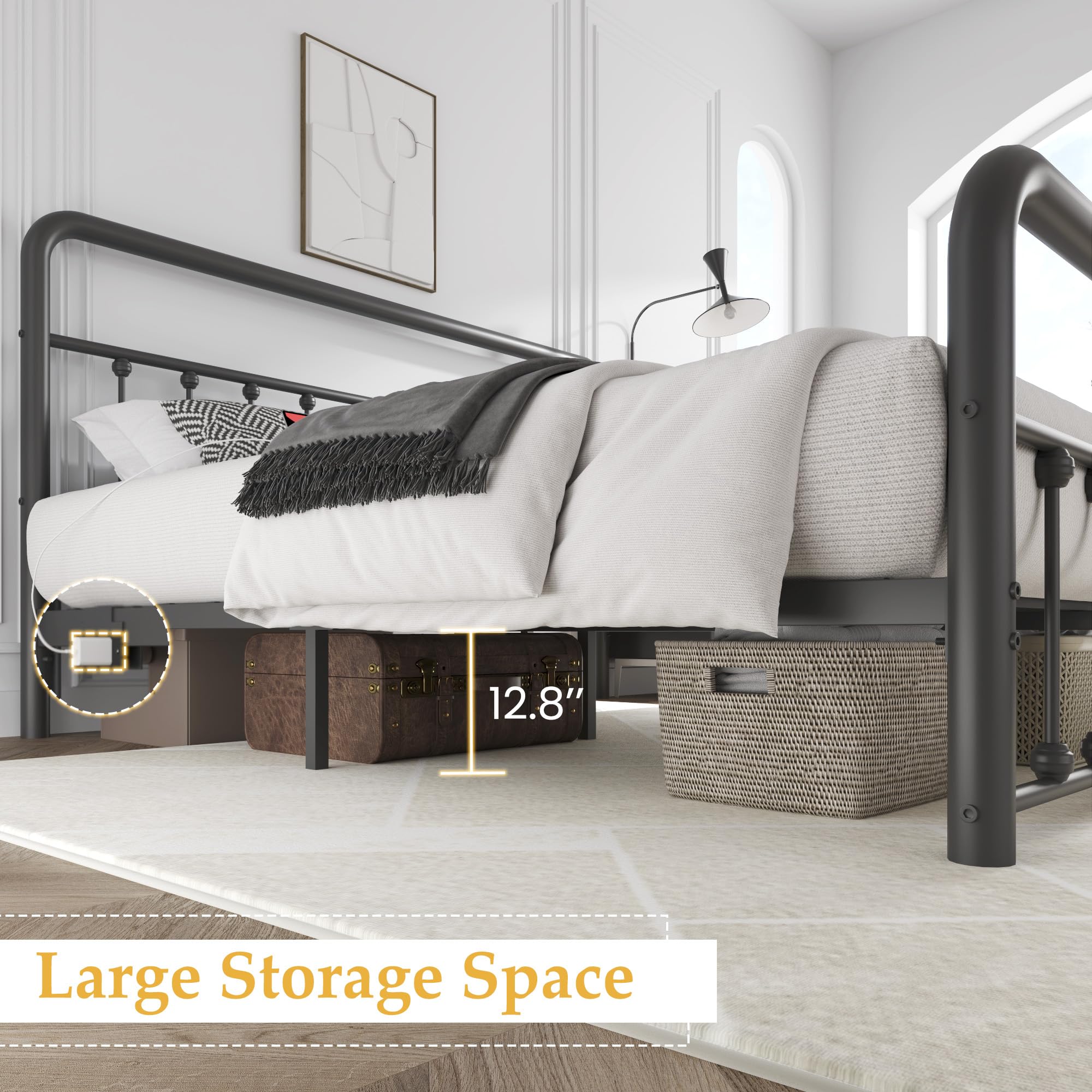 Metal Platform Bed Frame with LED & Charging Station