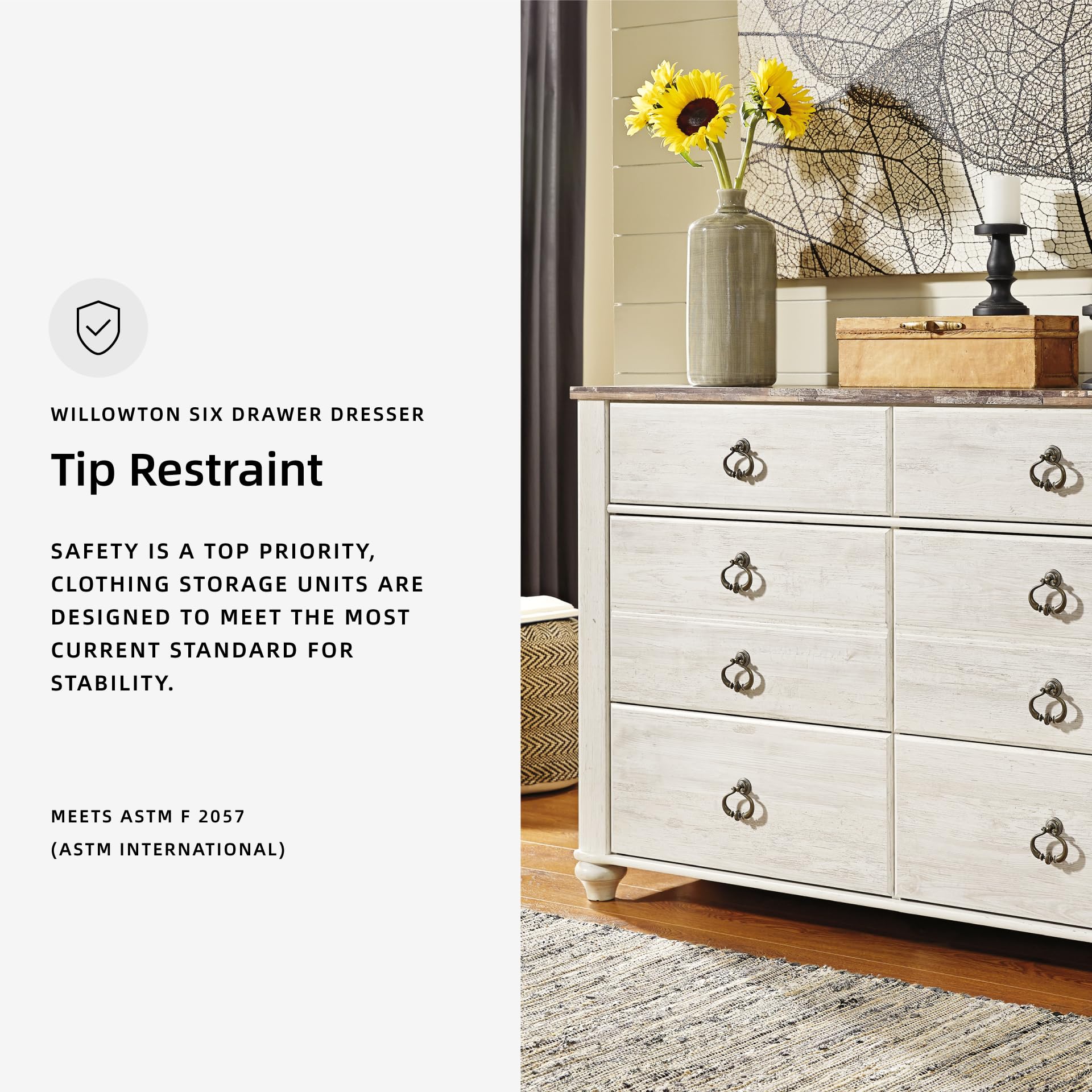 Signature Design by Ashley Willowton Coastal Cottage 6 Drawer Dresser with Faux Plank Top, Whitewash