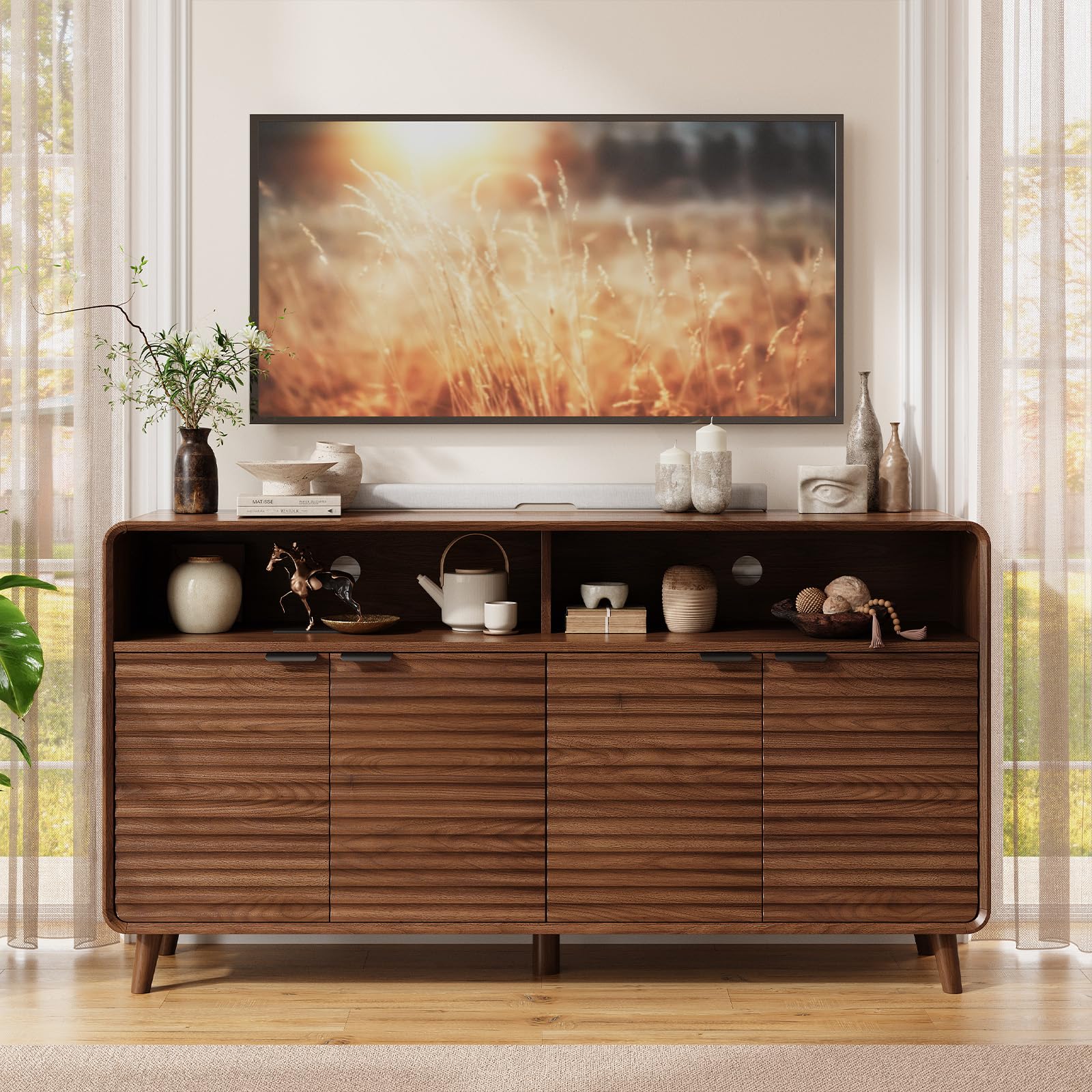 Lefurture 61" Sideboard Buffet Cabinet with Open Storage & 4 Doors, Large Coffee Bar Cabinet with Adjustable Shelves, Mid Century Modern Fluted Buffet Cabinet for Kitchen, Living Room, Walnut
