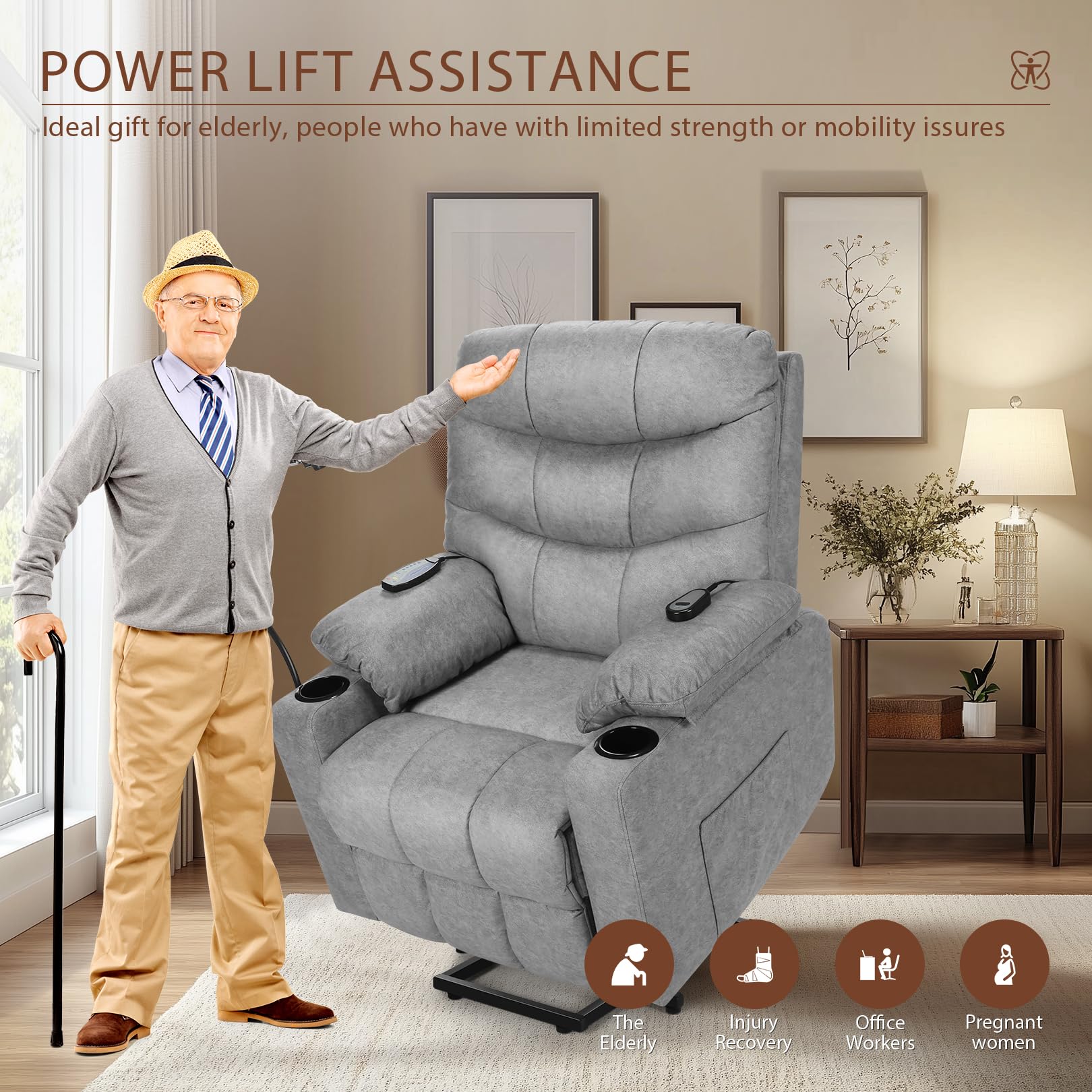 Power Lift Recliner Chair for Elderly with Heat & Massage, High-resilience Padding, Wide Back and Seat Reclining Sofa Chair with Cup Holders and Pockets, Easy Assembly and Operation (Light Gray)
