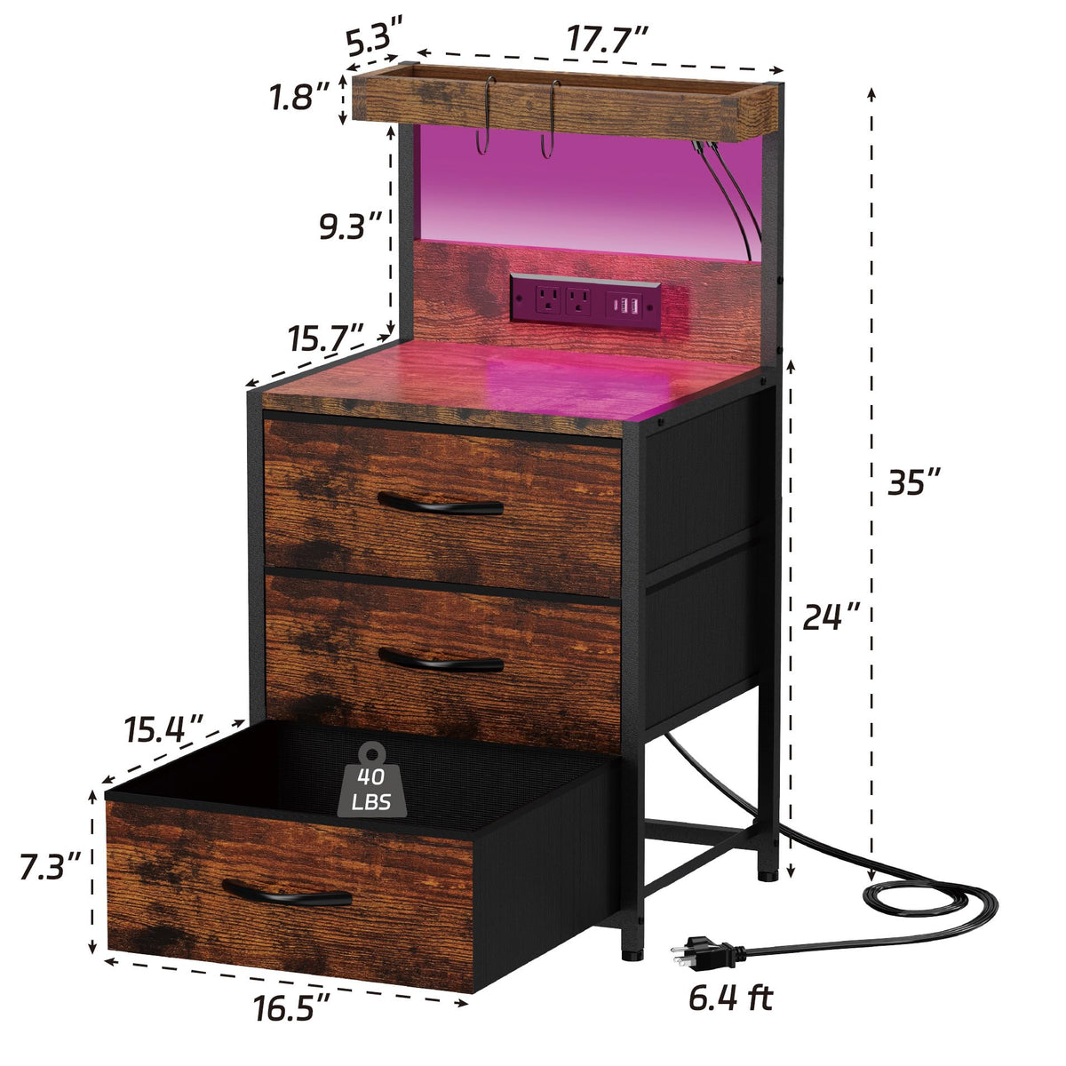 SZLHANJZ Nightstands Set of 2, LED Light and Charging Station, 3 Drawers