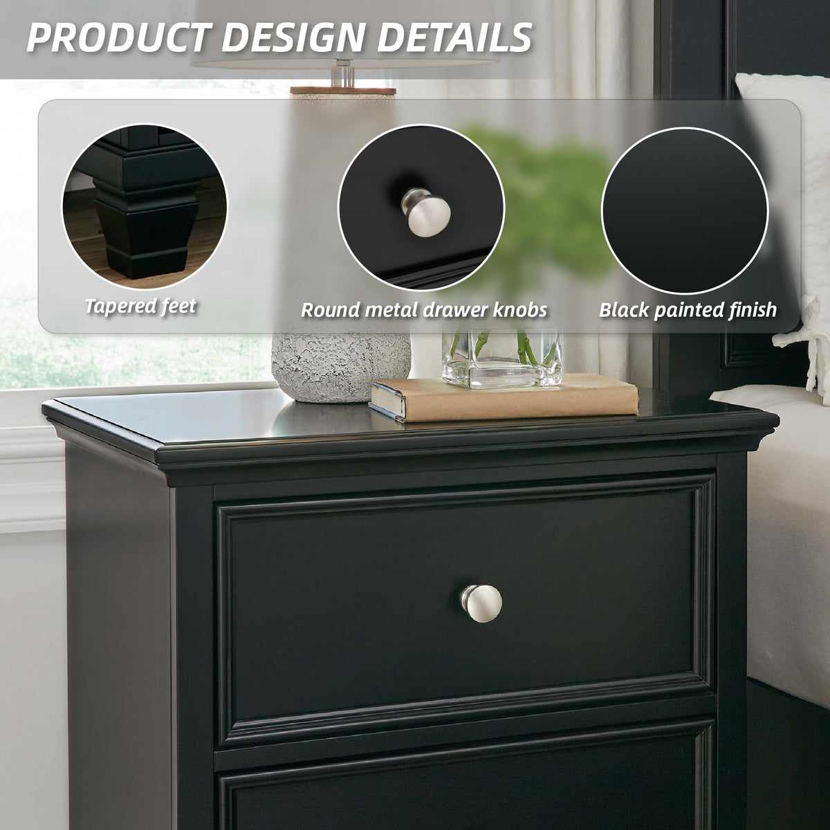 Black Two-Drawer Farmhouse Nightstand