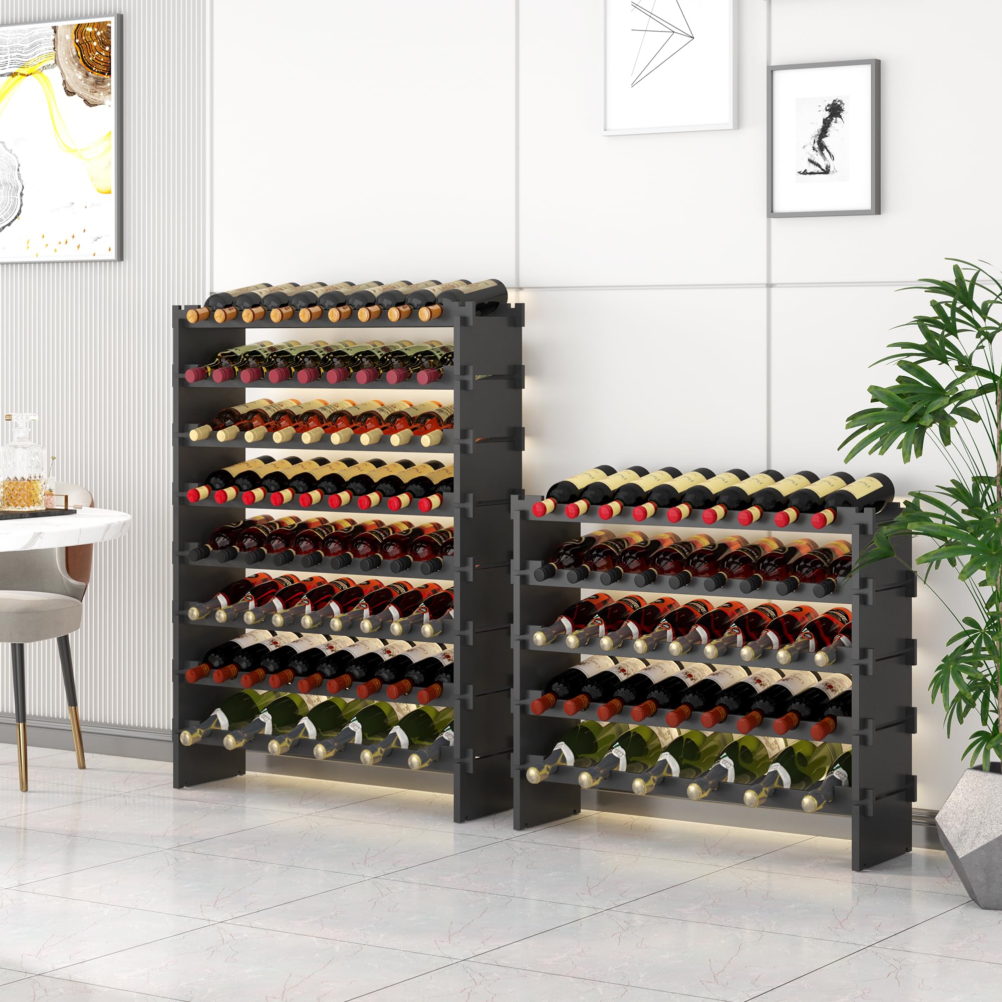 WISUCART Wine Rack Freestanding Floor Bamboo Stackable Wine Storage Racks Wall Mounted, Modular Wine Bottle Stand Holder Display Shelf for Cabinet, Kitchen, Bar (Black)