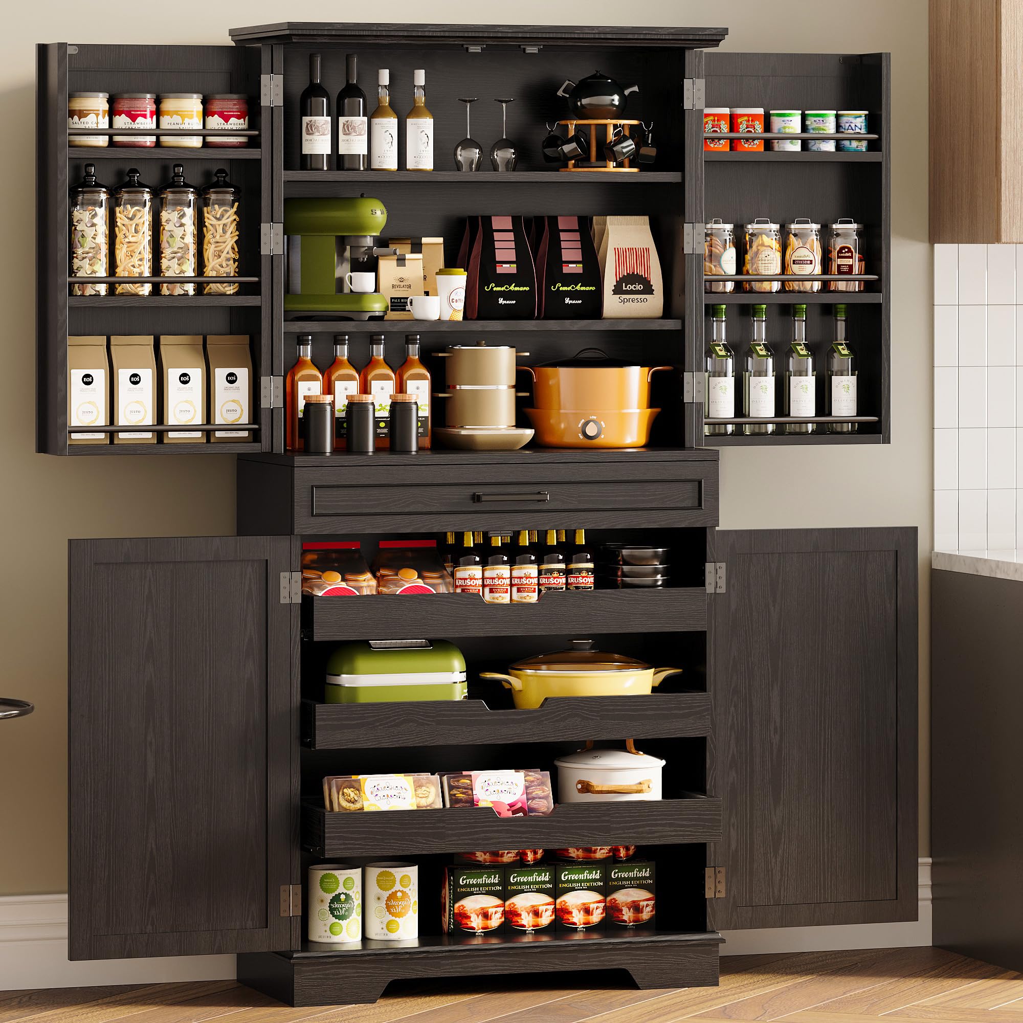 IRONCK Farmhouse Kitchen Pantry Cabinet, 72" Height Tall Freestanding Cupboard with Sliding Storage Rack and 6 Hanging Shelves for Kitchen, Dining Room, Black