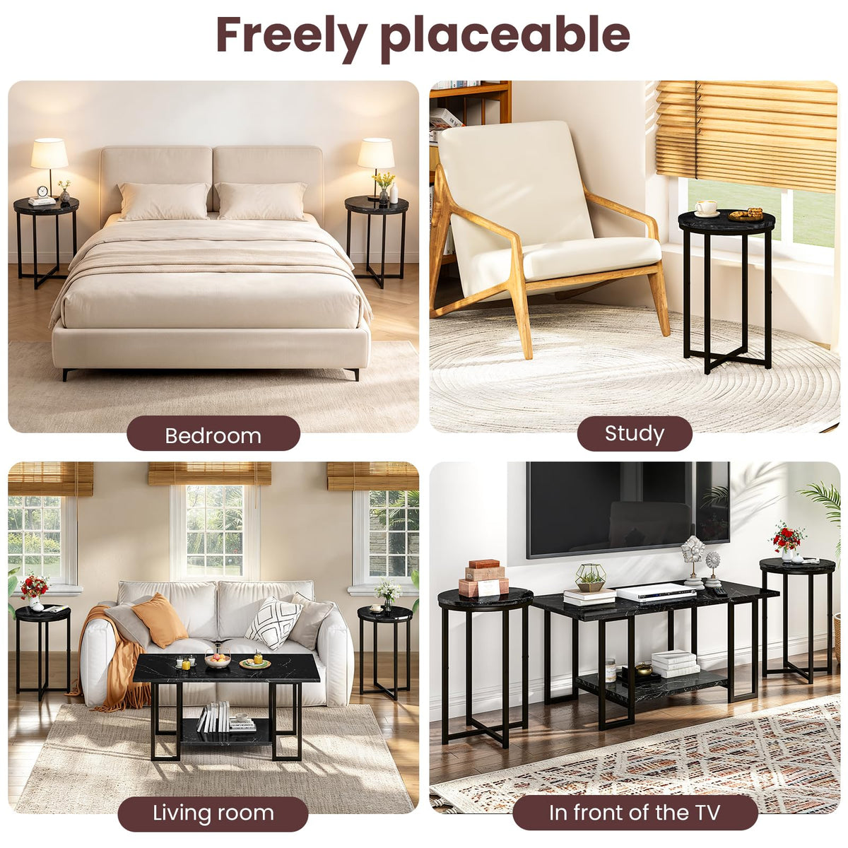 AWQM Coffee Table Set of 3, Faux Marble Living Room Table Set, Black