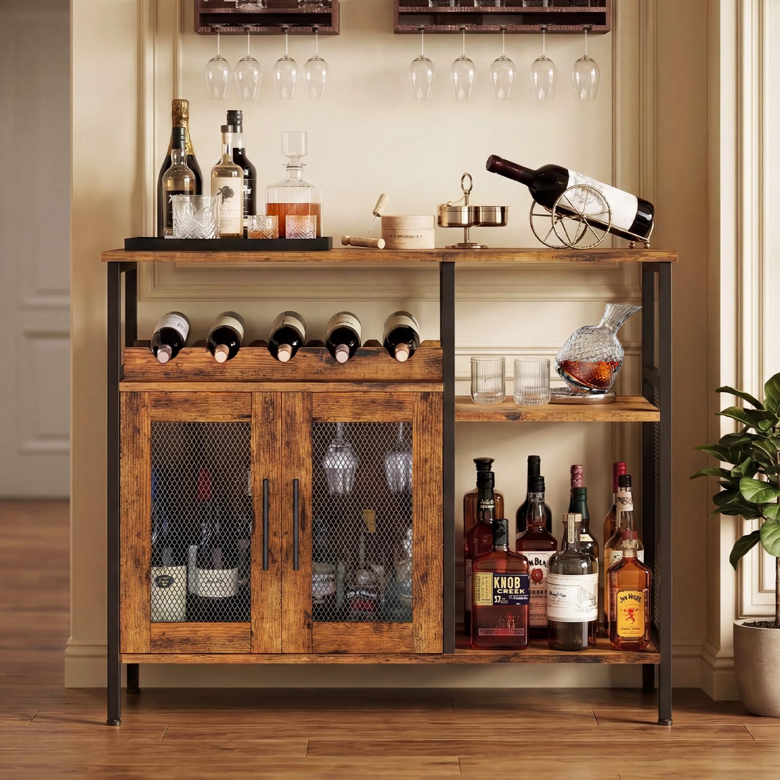 Wine Bar Cabinet with Detachable Wine Rack & Glass Holder