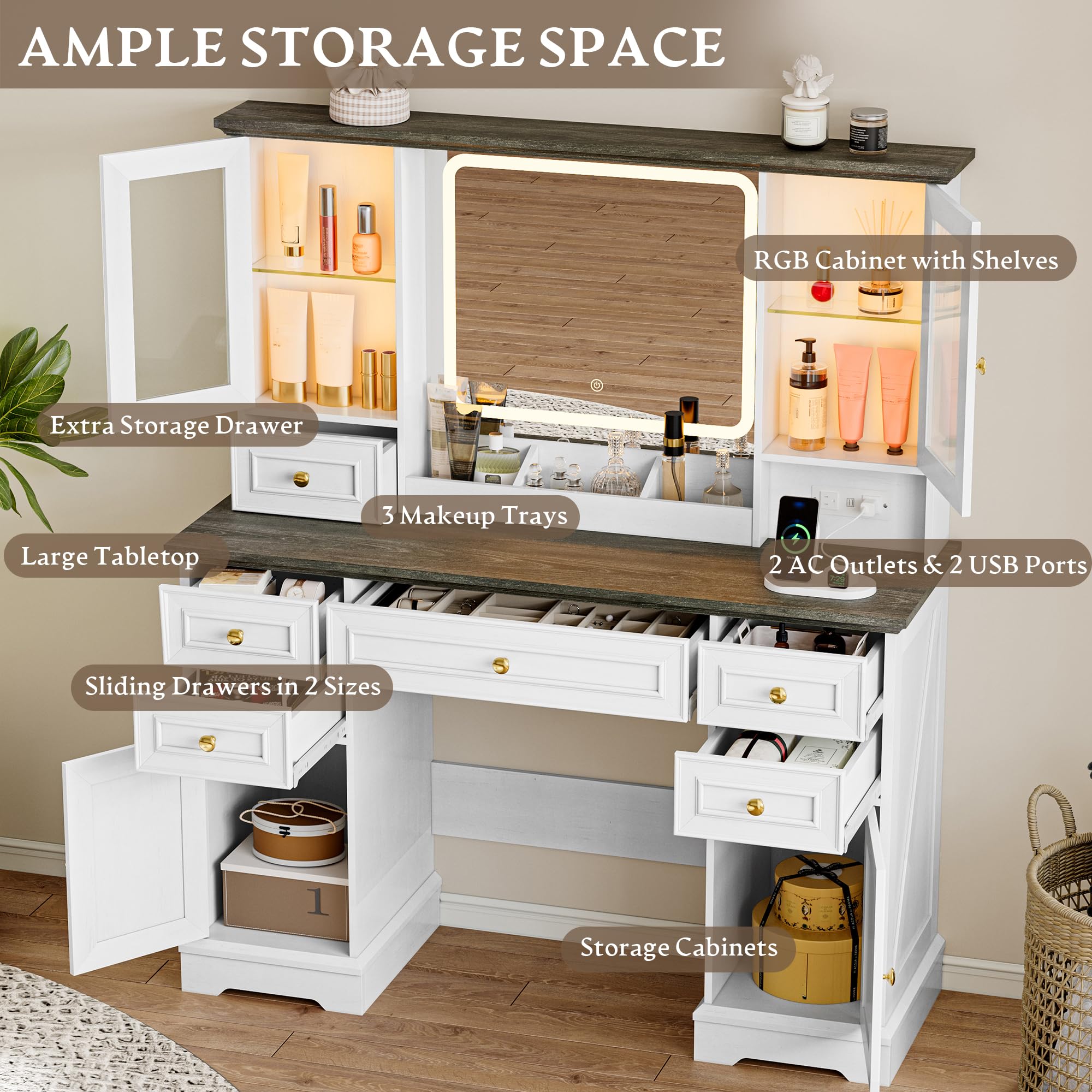Vanity Desk with HD Lighted Mirror & Power Outlet, Farmhouse Makeup Vanity Table Set with Storage Drawers & RGB Cabinets, Large Dressing Table with 3 Lighting Modes for Women Girls Kids Bedroom, White