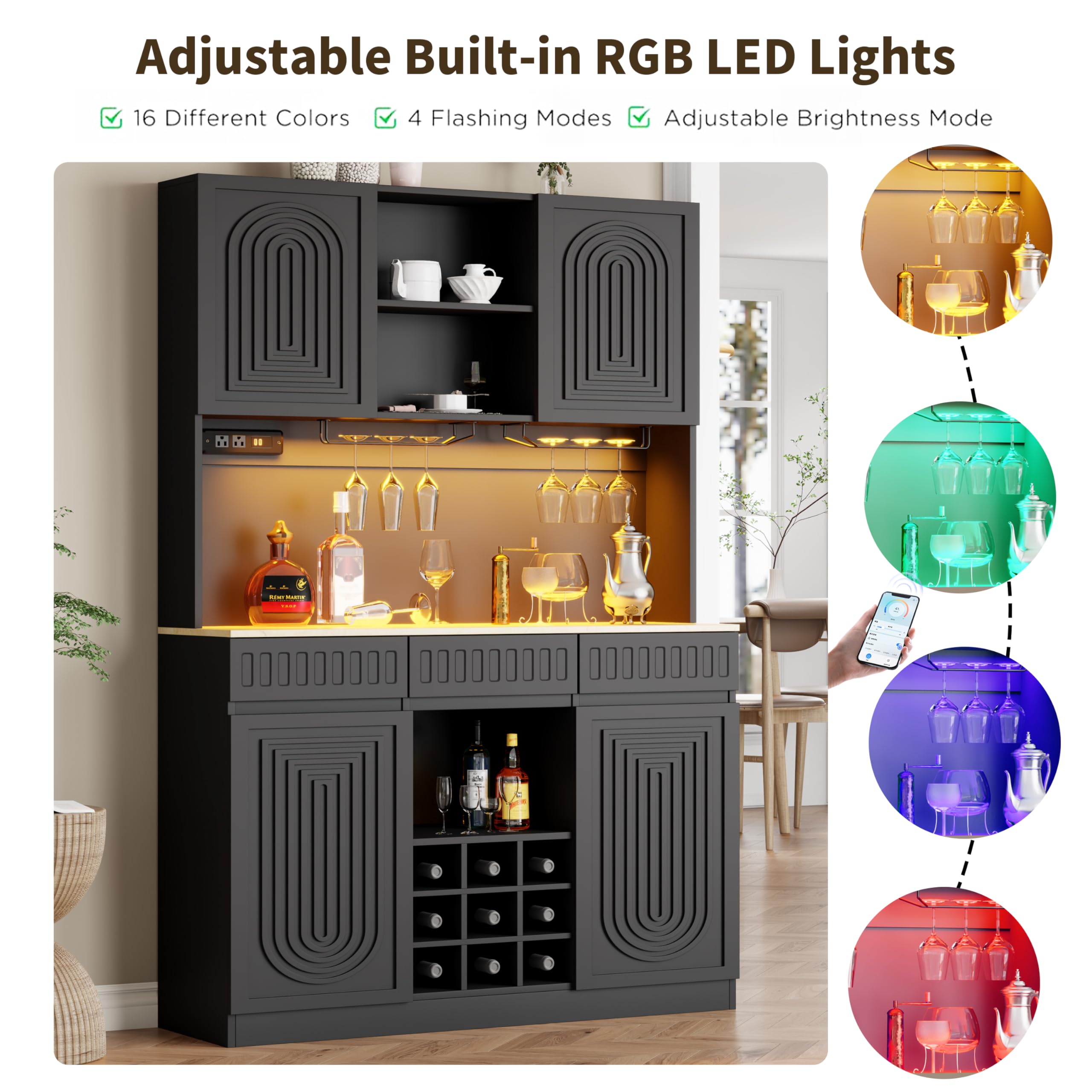 Gyfimoie 71-Inch Tall Wine Bar Cabinet with LED Lights, Modern Fluted Coffee Bar Cabinet with Charging Station & 9-Cube Wine Glass Rack, Pantry Hutch for Dining Room and Kitchen (Black)