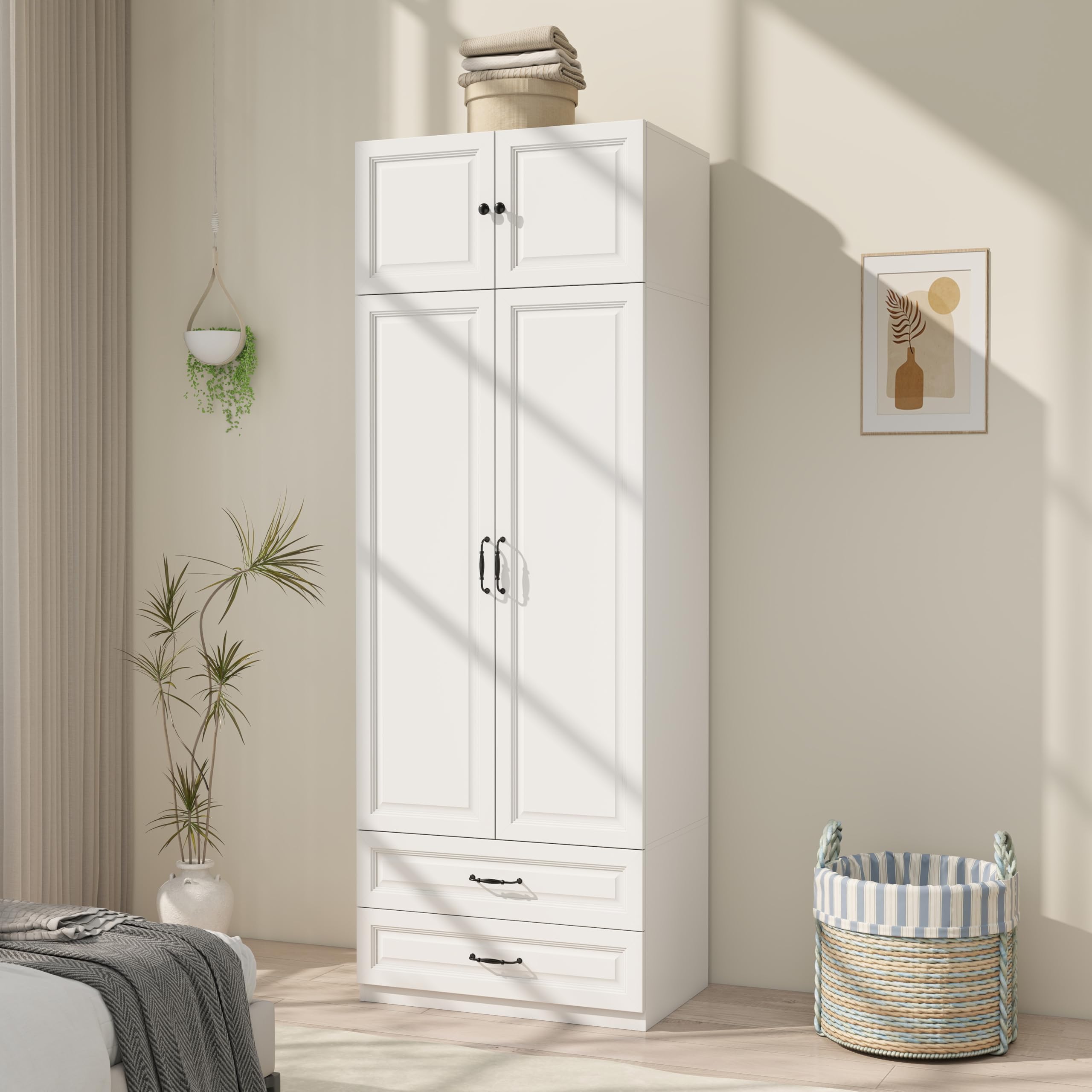 LABROSKIA Armoire Wardrobe Closet with Doors: 89" Extra Tall White Wardrobe with Storage on Top, Bedroom Armoires with 2 Doors and 2 Drawers, Large Wood Closet Armoire for Hanging Clothes