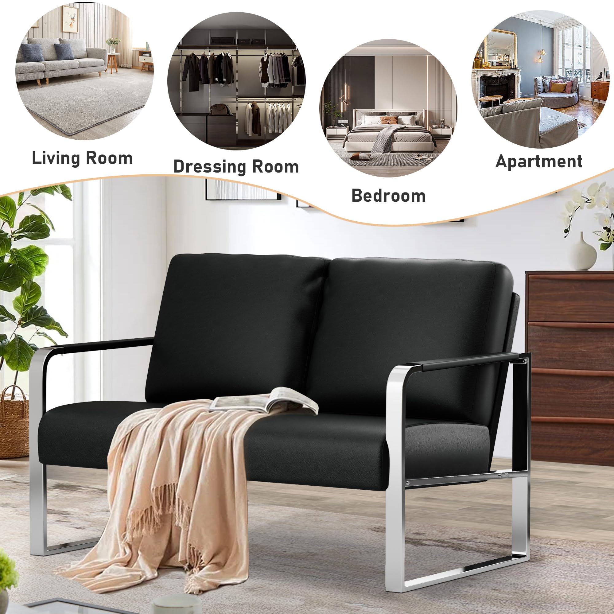 Love Seat Mini Couch Small Settee Loveseat Bench for Living Room, Faux Leather Loveseat Sofa Waiting Room Furniture for Small Spaces with Padded Cushion, Mid Century Modern Black Love Seats