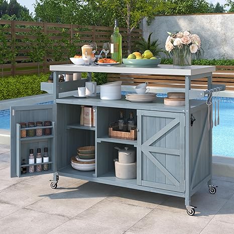 Outdoor Rolling Grill Cart with Storage Cabinet