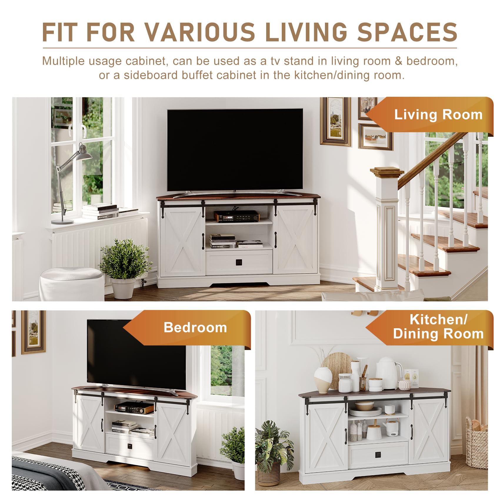 Melidee Corner TV Stand for 65 Inch TV - with Sliding Barn Door - Wood Entertainment Center - Media Console Cabinet - 58"x15.7"x31"H, White