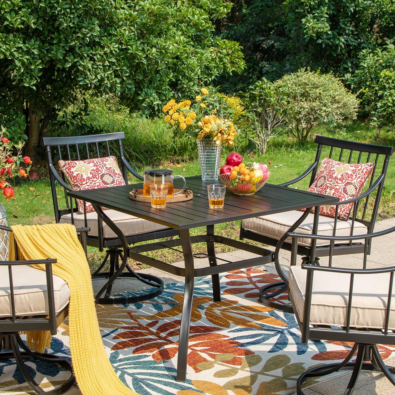 PHI VILLA 37" Patio Table for 4, Metal Outdoor Dining Table with E-Coating, Square Steel Slated Outdoor Table with 1.57" Umbrella Hole for Garden Backyard, Black